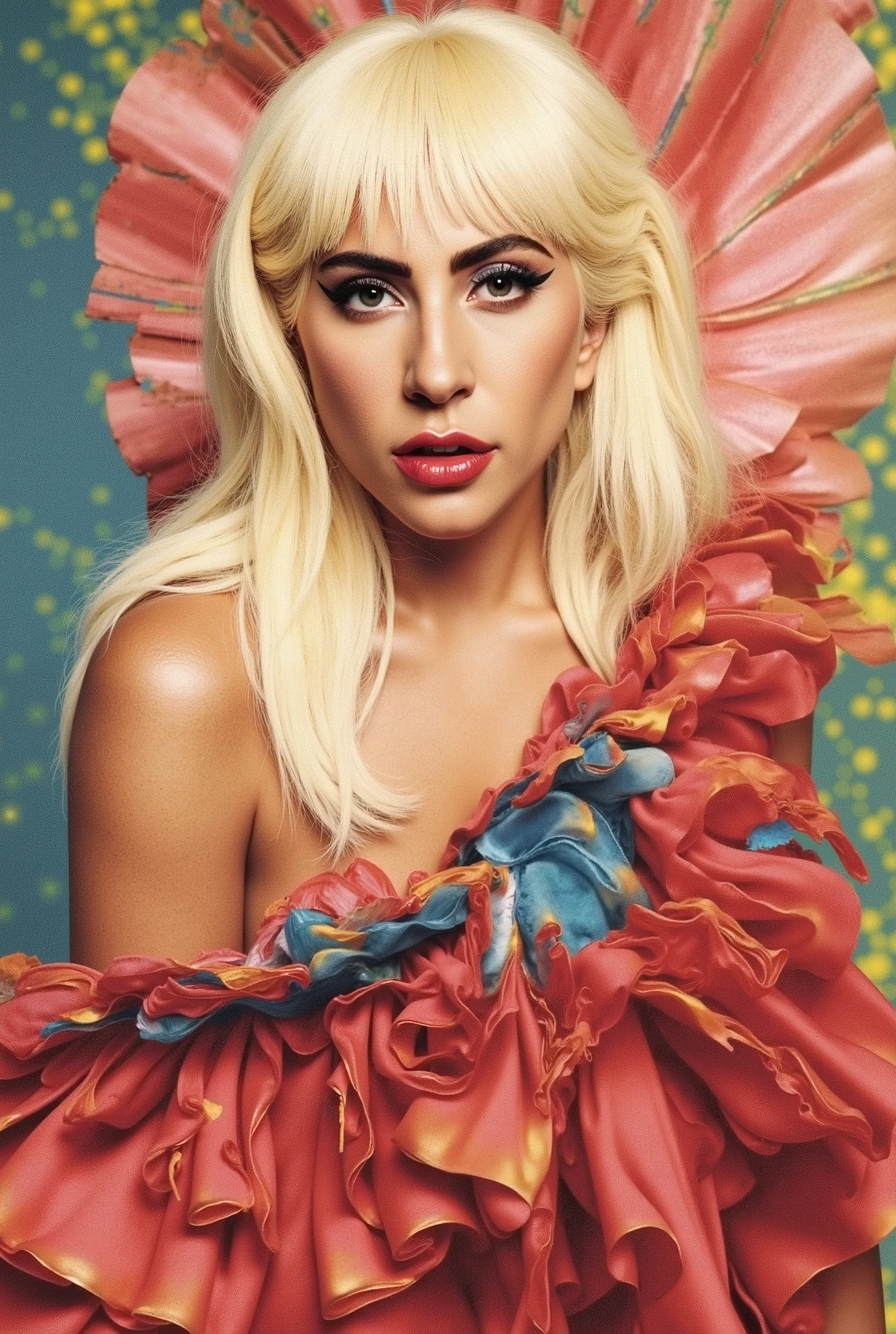lady gaga with Versace floral print dress, 4K texture, long hair, high quality, extravagant hairstyle, original album cover, 8k image, futuristic, high image quality, at night, hair accessories, very realistic and defined face