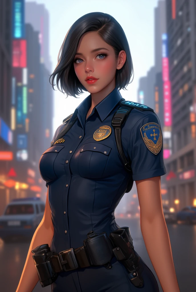 alone, (Police uniform, Female police officer), stockings, City lights, (Looking at the audience: 1.3), Release your lips, Red lips, Shiny skin, Skin dents, Highest quality, Ultra-high resolution, (realism: 1.4),