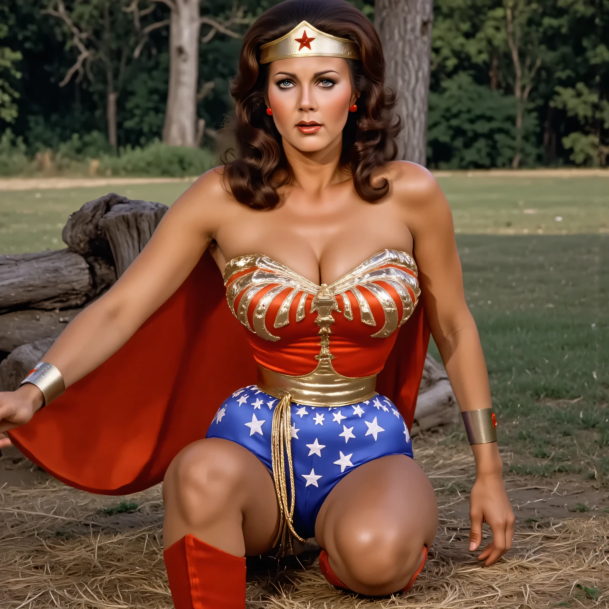ROPE PERIL SCENE" THRUSTING HER BUSTY CHEST. A SEXY LYNDA CARTER AS THE ICONIC 1960 WONDER WOMAN, WEARING A SPANDEX WONDER WOMAN COSTUME, SPANDEX PATRIOTIC BLUE SKIRT. A RED PATRIOTIC CAPE, RED WONDER WOMAN BOOTS. HER GOLDEN LASSO ATTACHED TO THE SIDE OF HER HIP. CRYSTAL CLEAR ART, CELAN CRISP ART, 4K, 8K, MILLIONS OF TEXTURES AND DETAILS. COMIC BOOK STYLE