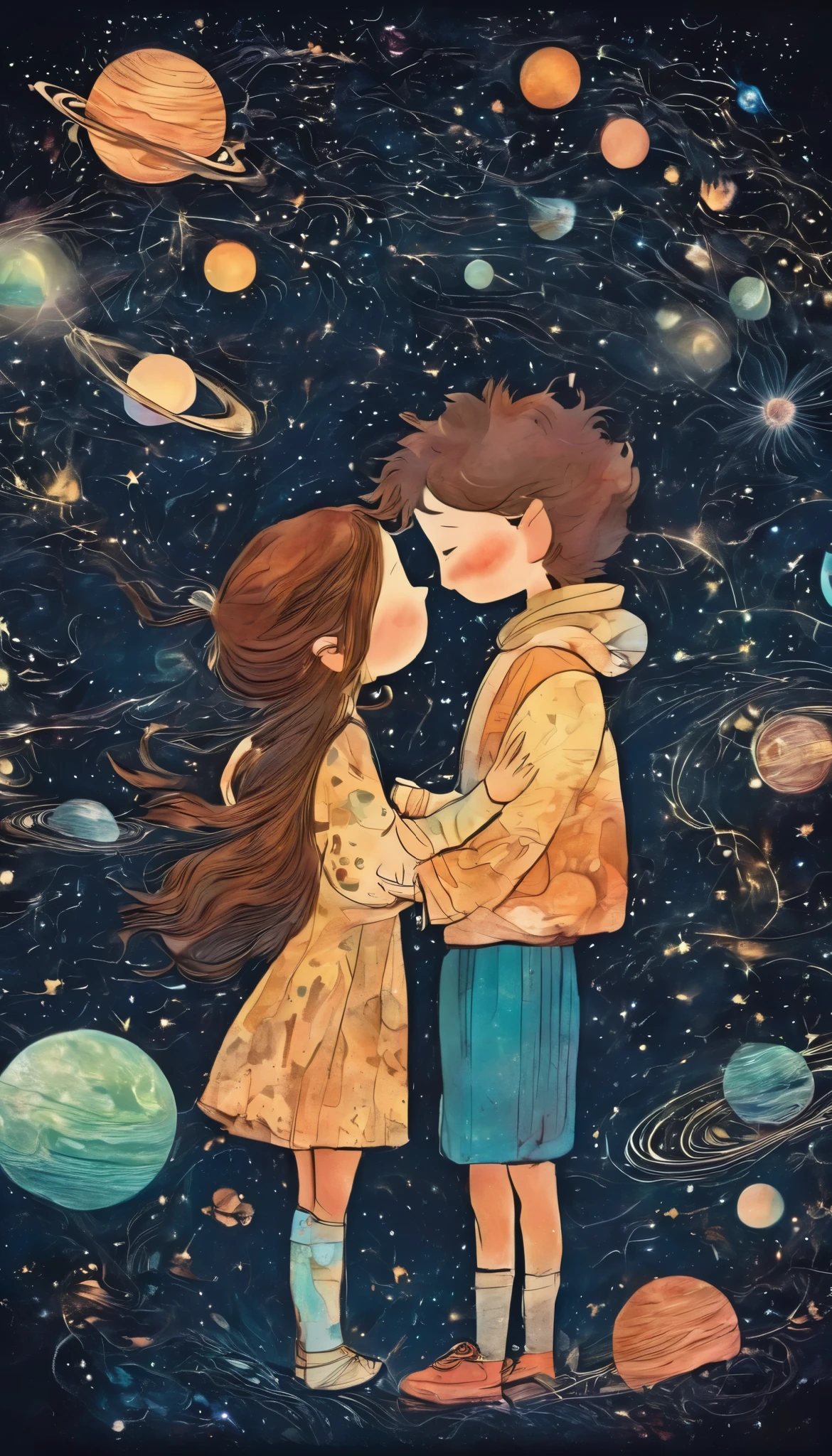 a girl and a boy merged in an embrace through time and space illustration story for ren:1.4 tenderness sweetness , Fujicolor, Optical illusion, silhouette, vignetting, UHD, Retina, masterpiece, Accurate, Anatomically Correct , textured skin, Super detail, high details, high quality, award winning , best quality, highres, 1080P, HD, 16K