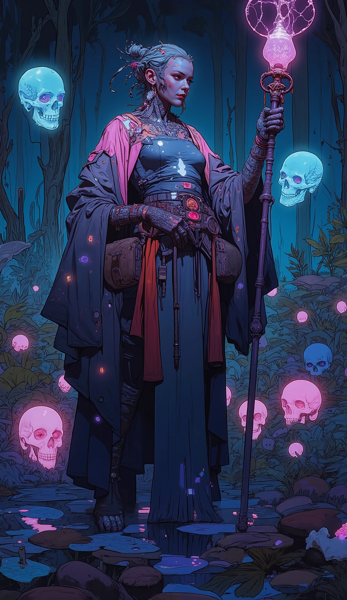 ((Tia Dalma)), cyberpunk voodoo priestess, with glowing cybernetic tattoos, wearing a futuristic robe made of holographic fabric, holding a staff with a glowing orb, surrounded by floating holographic skulls, standing in a neon-lit cyberpunk swamp with bioluminescent plants, cinematic lighting, highly detailed, 8k resolution, cyberpunk aesthetic, by James Jean and Android Jones.