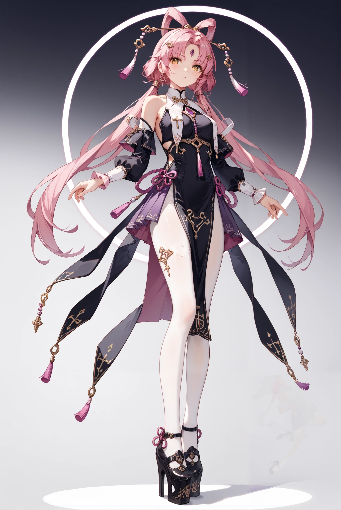 （ stands，whole body:1.7),Fu Xuan, pink hair, yellow eyes, bare shoulders, parted bangs, twin tails, bow-shaped hair, low twintails, serious , ruanyi0847,bodysuit,breast curtains,dress,nun,pantyhose,pelvic curtain HoleHeels，Hole platform/ oval/ Circle Heels，Heels，chinese clothes, forehead jewel, hair ornament, jewelry, white pantyhose, black footwear, black shirt, detached sleeves, dress, frilled arm warmers, frilled dress, frills, hairpin, halter shirt, halterneck, high heels, miniskirt, multiple hairpins, pleated skirt, purple skirt, purple sleeves, purple gemstone, tassel, tassel hair ornament, white arm warmers

