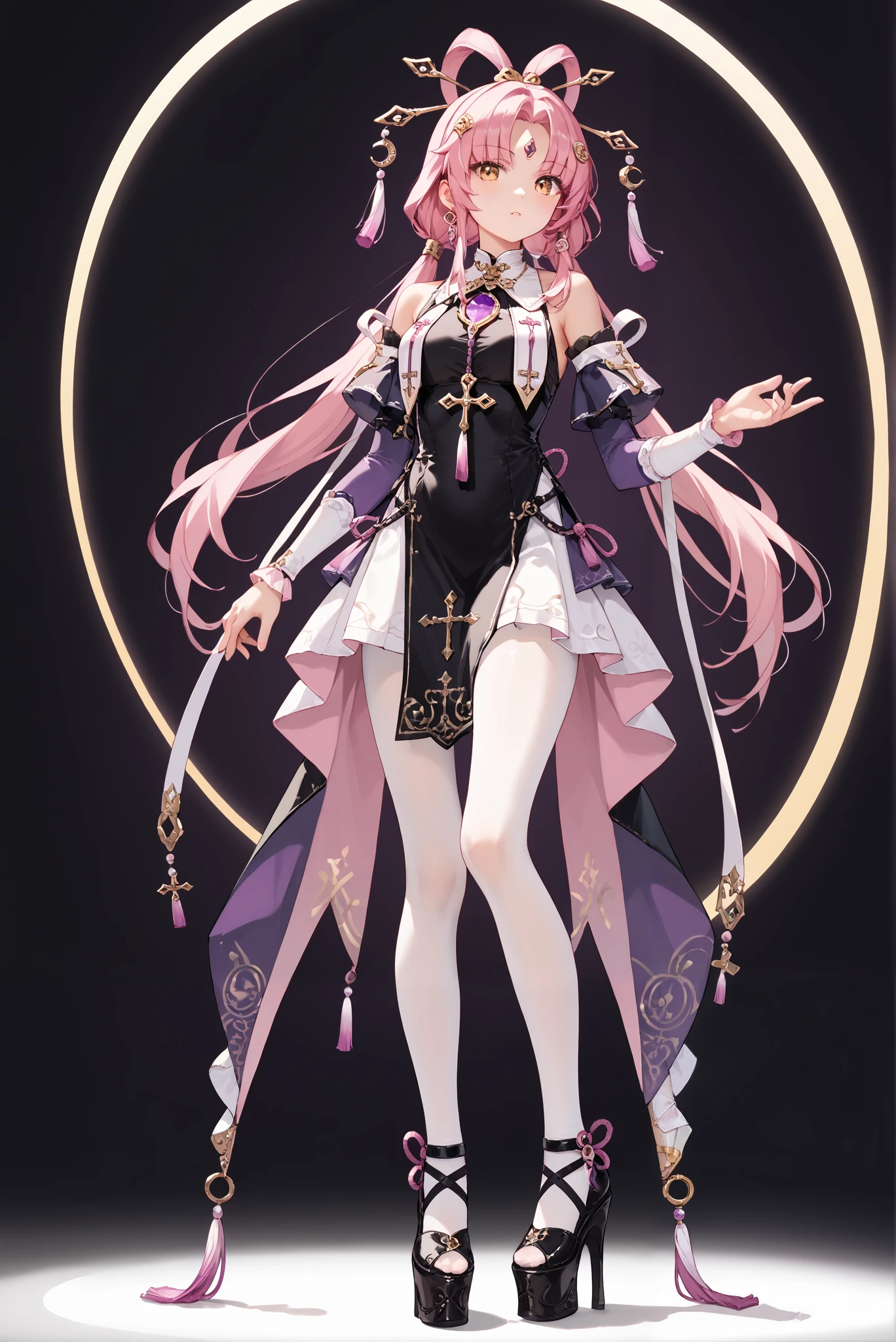 （ stands，whole body:1.7),Fu Xuan, pink hair, yellow eyes, bare shoulders, parted bangs, twin tails, bow-shaped hair, low twintails, serious , ruanyi0847,bodysuit,breast curtains,dress,nun,pantyhose,pelvic curtain HoleHeels，Hole platform/ oval/ Circle Heels，Heels，chinese clothes, forehead jewel, hair ornament, jewelry, white pantyhose, black footwear, black shirt, detached sleeves, dress, frilled arm warmers, frilled dress, frills, hairpin, halter shirt, halterneck, high heels, miniskirt, multiple hairpins, pleated skirt, purple skirt, purple sleeves, purple gemstone, tassel, tassel hair ornament, white arm warmers


