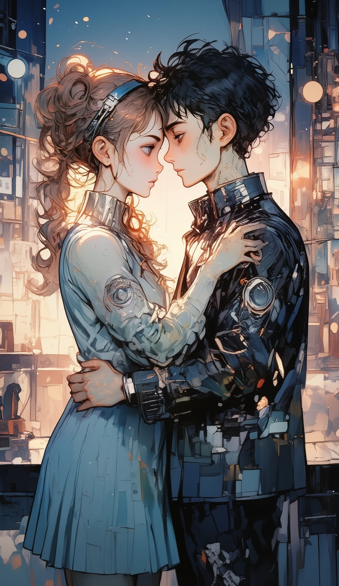 a girl and a boy merged in an embrace through time and space illustration story for ren:1.4 tenderness sweetness , Fujicolor, Optical illusion, silhouette, vignetting, UHD, Retina, masterpiece, Accurate, anatomically correct , textured skin, Super detail, high details, high quality, award winning , best quality, highres, 1080P, HD, 16K