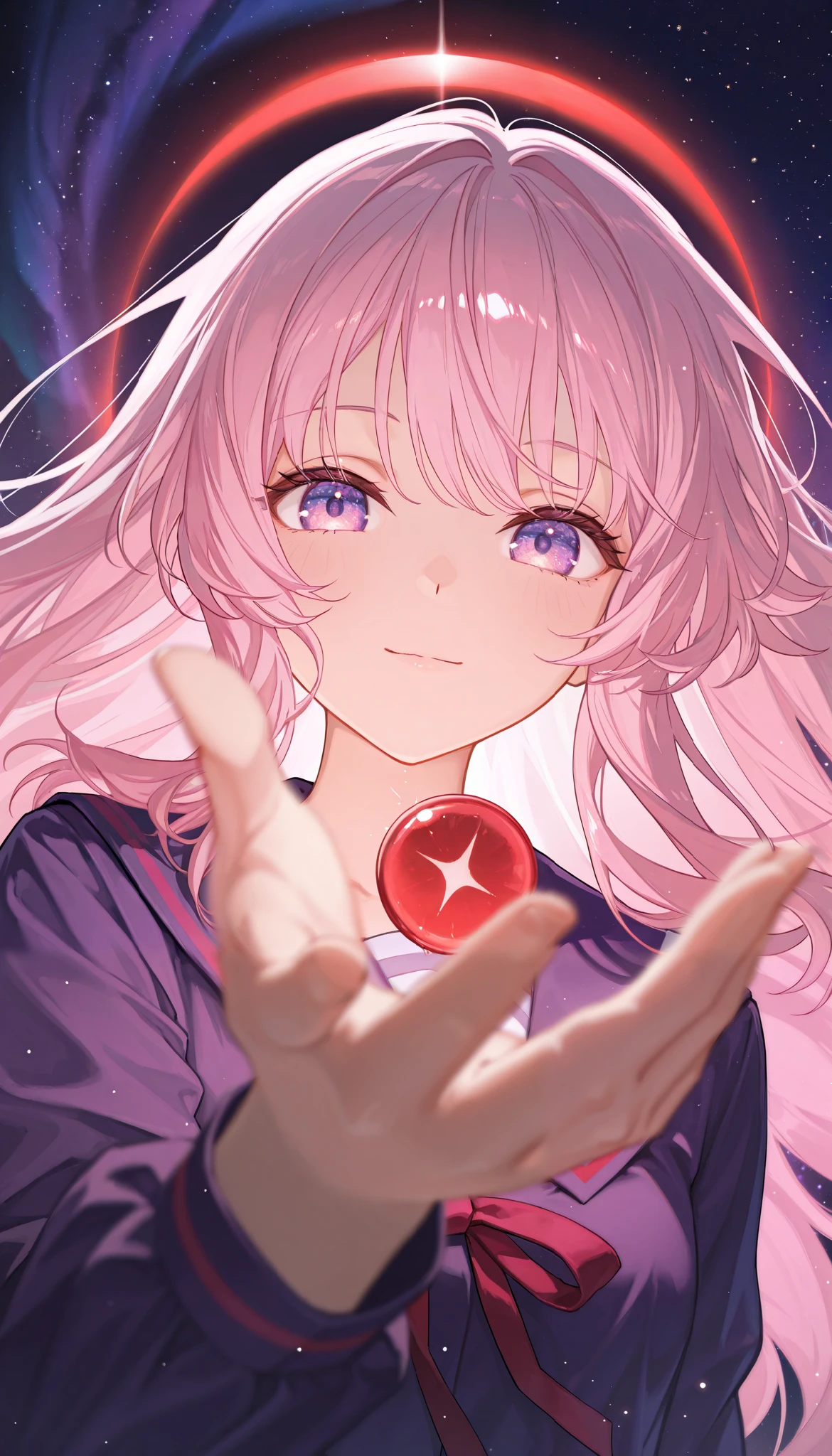 Anime girl with pink hair and blue eyes holding a red object - SeaArt AI