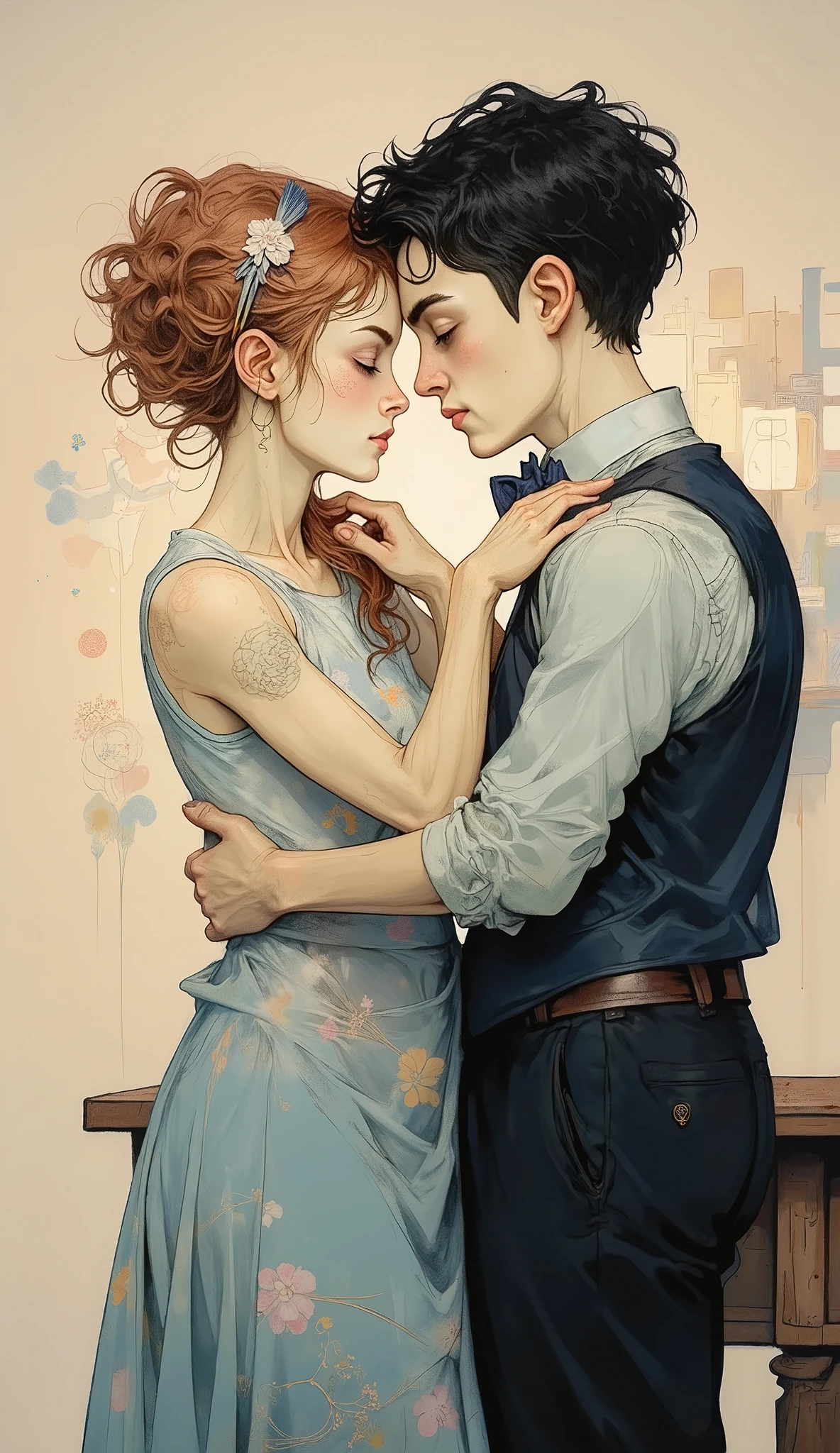 a girl and a boy merged in an embrace through time and space illustration story for ren:1.4 tenderness sweetness , Fujicolor, Optical illusion, silhouette, vignetting, UHD, Retina, masterpiece, Accurate, anatomically correct , textured skin, Super detail, high details, high quality, award winning , best quality, highres, 1080P, HD, 16K