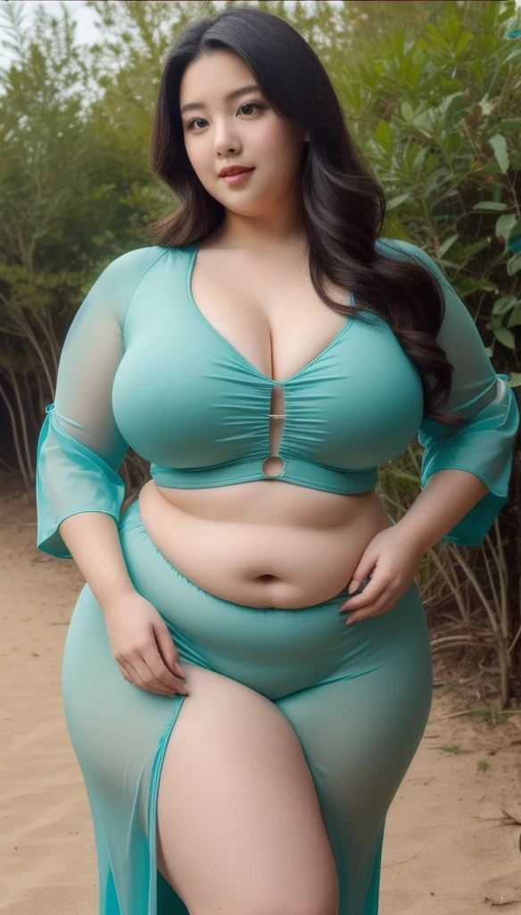 ((best quality)), ((masterpiece)), (detailed), perfect face, araffeTight skirtsShort , thicc, wavy short hair, she has a jiggly fat round belly, bbwchan, wearing tight simple clothes, skinny waist and thick hips, widest hips, her belly is fat and round, soft curvy shape, hyperrealistic full figure, wearing a cute top, wide hips, Blue swimsuit,On the beach by the seaBlue
