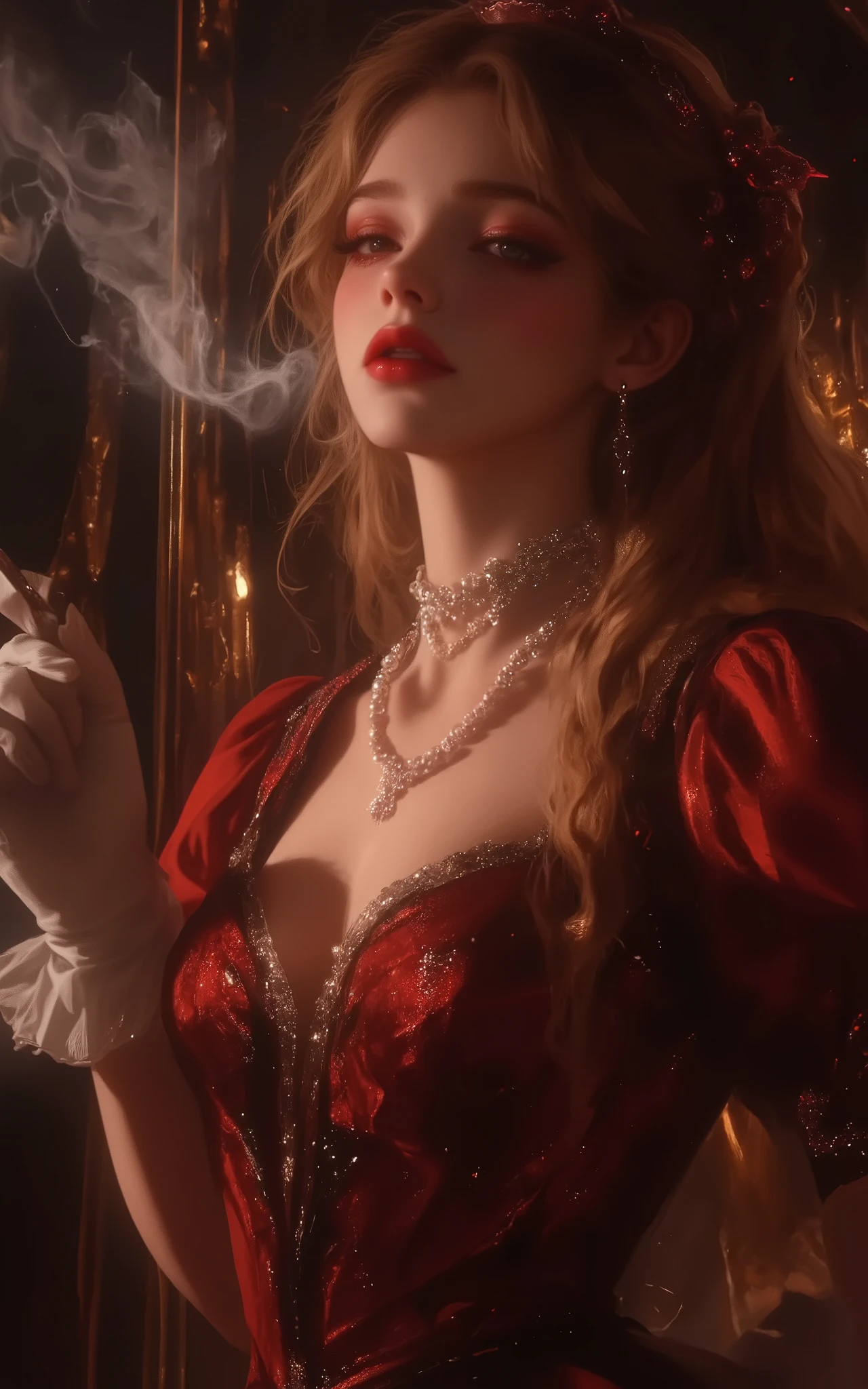 1girl,solo, A Close up A beautiful woman smoking a cigarette. Smoke coming out of cigarette. The woman wears a long crimson red dress (dove gira style), puffed sleeves, pearl necklace, short white gloves, ruby ​​stones on the dress. The woman has an ethereal and delicate beauty, smug expression, arrogant smile, long golden wavy hair, half tied up and half loose, bright, intense crimson red eyes, dark makeup, full lips, dark theme, red theme
(artist:quasarcake:0.8),extreme aesthetic,(wlop:0.6),honjou honjou raita,lack,rella,wanke,raita,masterpiece,best quality,good quality,newest,year 1800, 1858, 1800 aesthetic, very aesthetic,absurdres,Visual impact,A shot with tension,
ultra-high resolution,32K UHD,sharp focus,best-quality,masterpiece,Emotionalization,unconventional supreme masterpiece,masterful details,temperate atmosphere,with a high-end texture,in  the style of fashion photography,(Visual impact:1.2),giving the poster a dynamic and visually striking appearance,impactful picture,
offcial art,colorful,movie perspective,masterpiece,best quality,amazing quality,very aesthetic,absurdres,best quality,newest,dynamic_angle,cinematic_angle,dutch angle,foreshortening