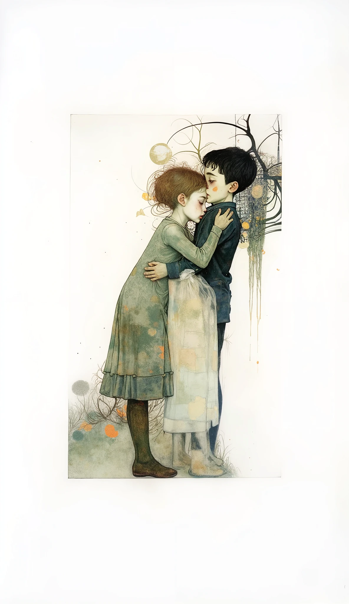 a girl and a boy merged in an embrace through time and space illustration story for ren:1.4 tenderness sweetness , Fujicolor, Optical illusion, silhouette, vignetting, UHD, Retina, masterpiece, Accurate, anatomically correct , textured skin, Super detail, high details, high quality, award winning , best quality, highres, 1080P, HD, 16K