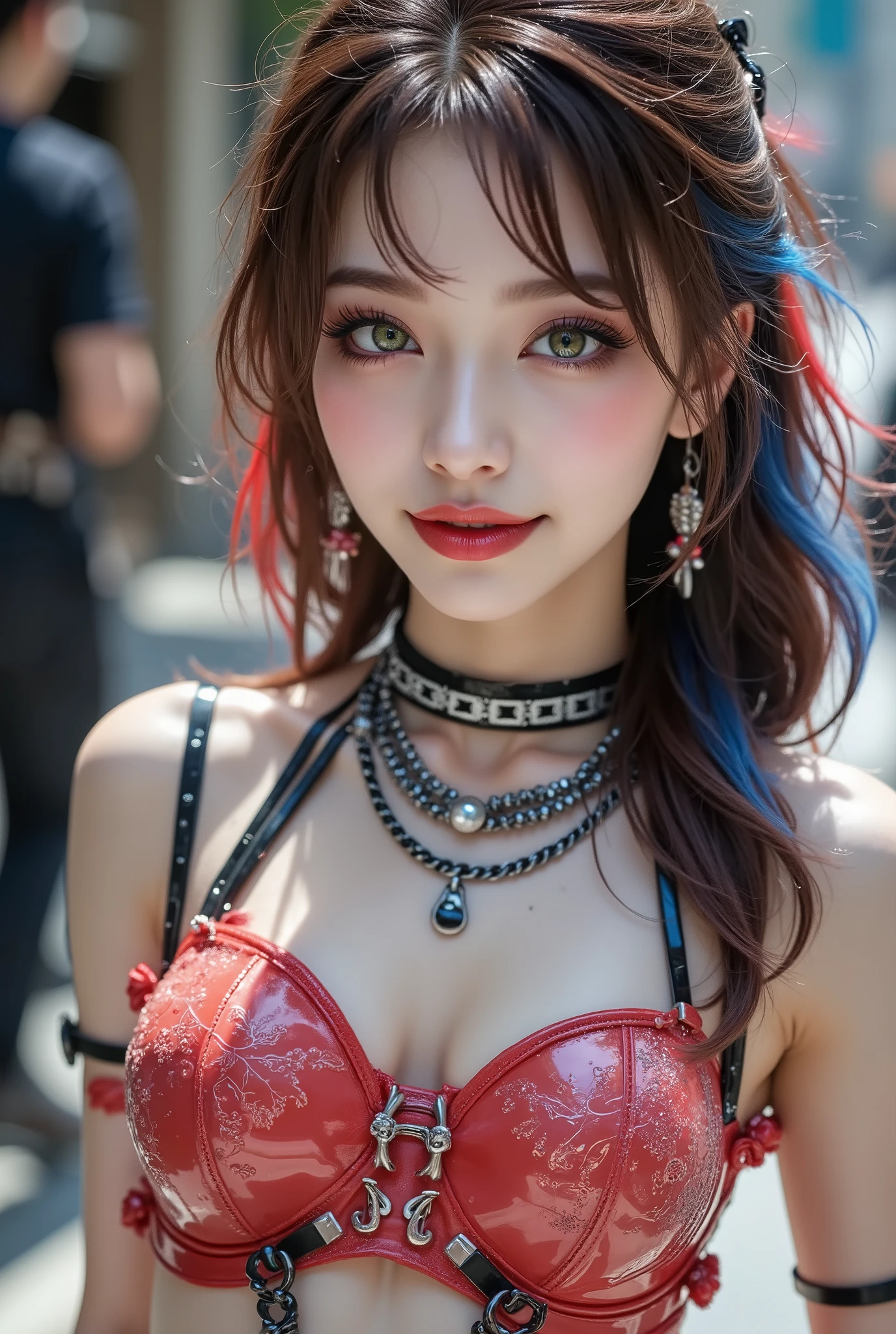 Realistic ((Photorealistic realism)),((high resolution)),((ultra insanel quality, professional extremely detailed digital art)), ((focus on extremely Realistic Proportion Body:1.3)), ((portrait)),((a cute and very beautiful, 1 Japanese, 30yo, famous Kpop idol:1.35)), (ultra realistic texture details: velvety skin, hair),(extremely beautiful face), (intricate detail face), ((Hyper details realistic green_eyes:1.35)), ((finely details pupils:1.3)), ((detailed symmetrical lips:1.3)), (red_lipstick:1.3), ((long eyelashes:1.4)), (perfect dark_eyeshadows:1.4), (Detailed nose), (perfect composition),((focus on the face, open mouth, joyful expression)),perfect female body,(((Beautiful long legs in good style:1.3))),((no bra, no panties:1.3)), (medium butt),((perfect female thick hips)),(perfect hot model body:1.4),((slim belly: 1.2)),(muscular body),((red and blue stylish hair:1.35), extremely detailed:1.33), dressed in a slave outfit (made of latex:1.3), (dressed in tank top (latex with chains:1.3)),long pants (tight black lace-up latex:1.4)., Depth of field, cinematic light, Lens flare, dslr, best high quality soft lighting, sharp focus captured by Fujifilm XT3, f 5.6,(((full body shot:1.5)))