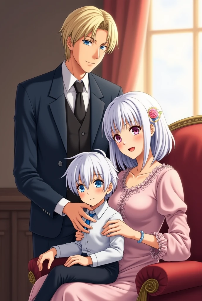 A family anime picture with a father with blonde hair, blue eyes, wearing a suit, a noble elder, standing, with a mother with white hair, pink eyes, wearing a high-class women's dress, sitting opposite the chair next to you, the father lying down and having twin ren by a boy with white hair, blue eyes, sitting on your lap. Mom and a girl of with white hair, blue eyes hit the dad in front of everyone, smiling and happy.