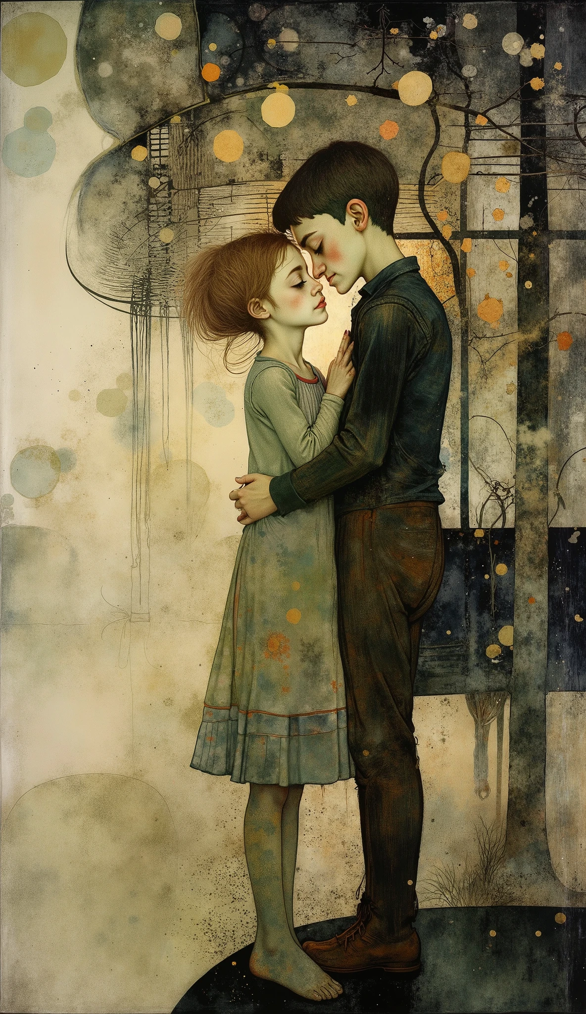 a girl and a boy merged in an embrace through time and space illustration story for ren:1.4 tenderness sweetness , Fujicolor, Optical illusion, silhouette, vignetting, UHD, Retina, masterpiece, Accurate, anatomically correct , textured skin, Super detail, high details, high quality, award winning , best quality, highres, 1080P, HD, 16K