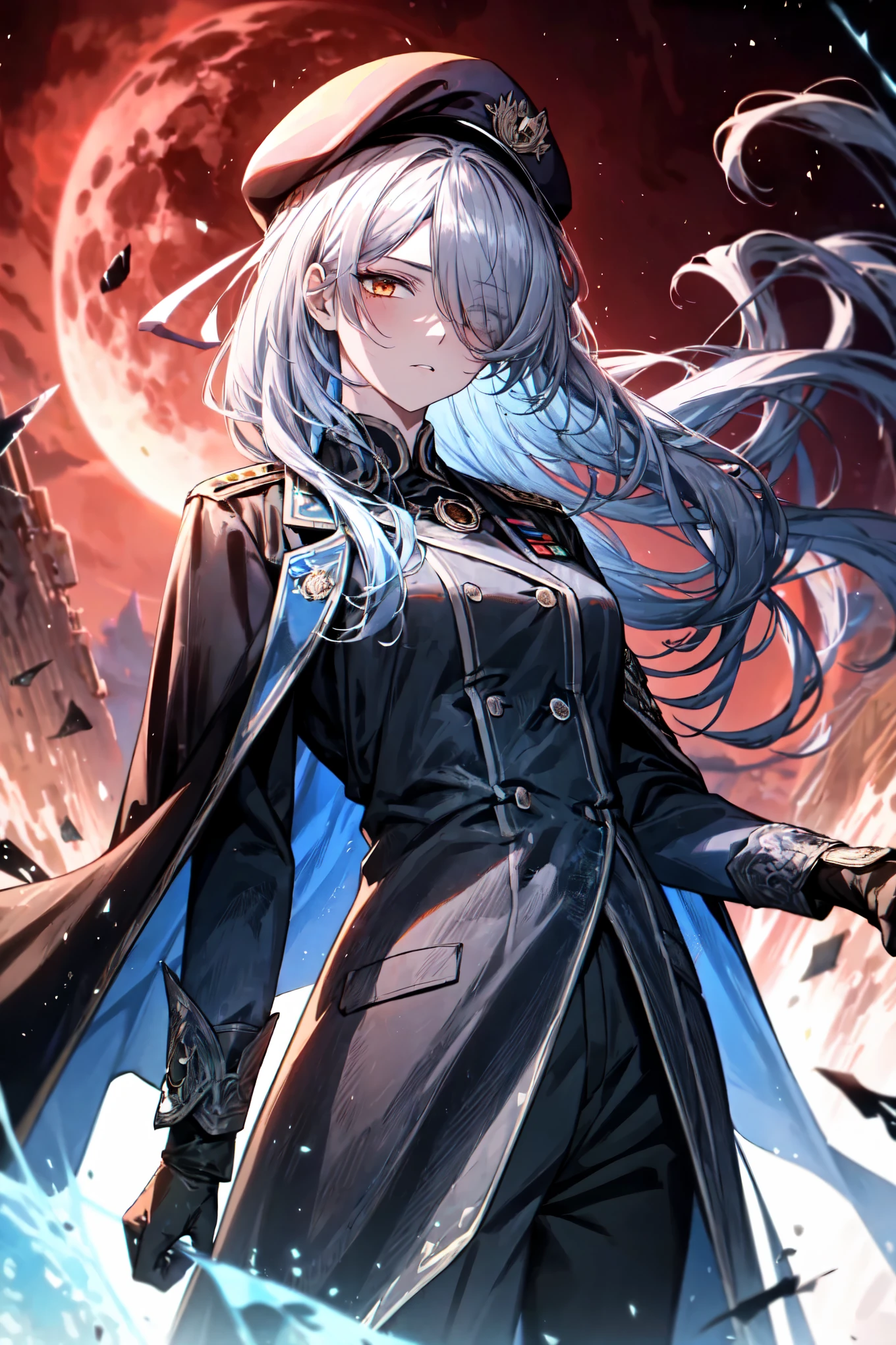 masterpiece, best quality, (detailed anime, video game art, extremely detailed CG unity 8k wallpaper), (best quality), (best illustration), (best shadow), absurdres, realistic lighting, (Abyss), dynamic pose, posing, dynamic, solo, 1girl, normal, (hair covering one eye, hair over one eye:1.24), serious expression, focused, death glare, JingliuV5, blue long cloak:0.8|black long cloak:1.4, closed black coat:1|closed black coat:1.5,blue pants:1|black pants:1.5, blue Military beret:1|black military beret:1.5), (orange edging on clothes, gloves, red sky, blood moon, dead moon, cracked skies, broken glass), limbus