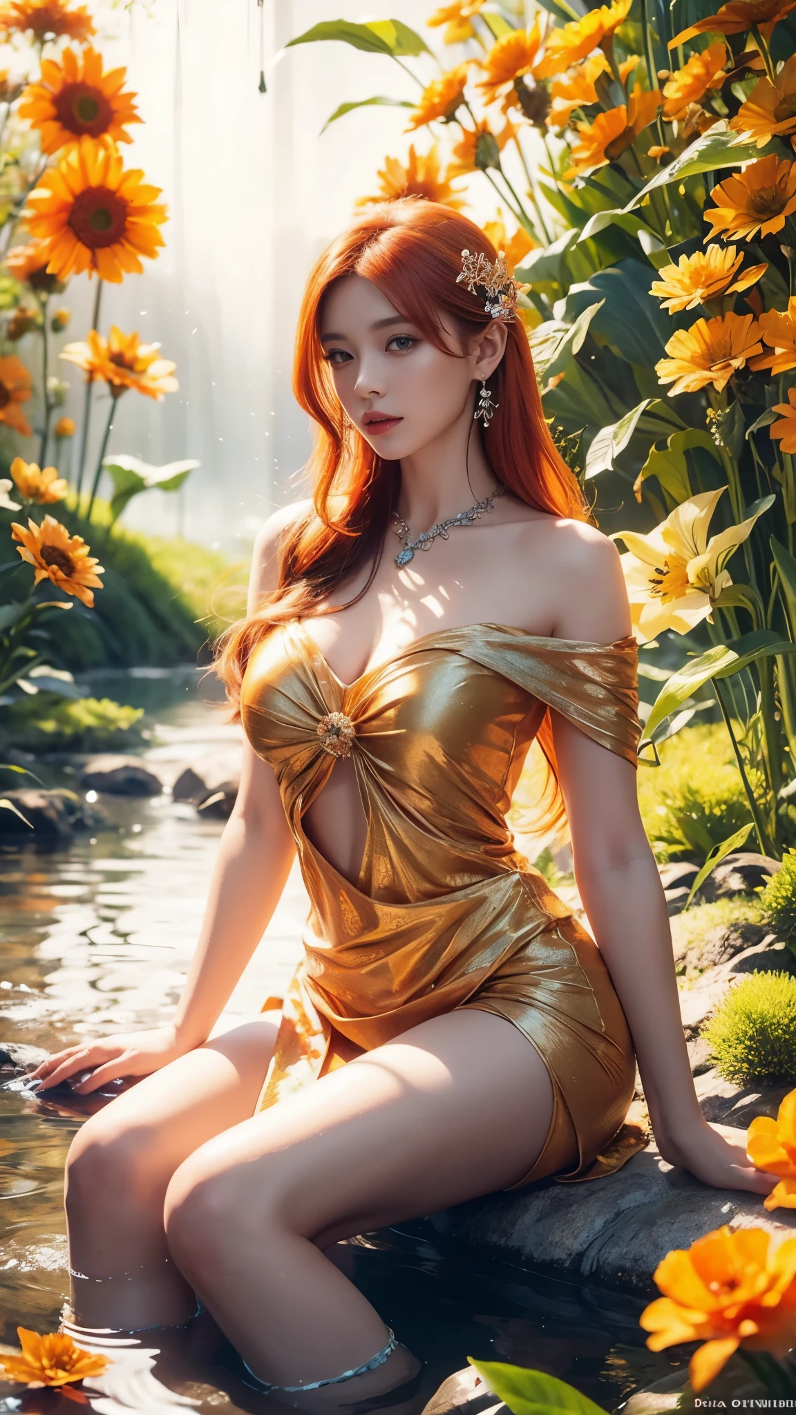 a beautiful redheaded asian girl, long very very silky hair, elegant and sexy elf dress, dense forest, no sunlight, detailed face and eyes, very big tits (best quality,4k,8k,highres,masterpiece:1.2),ultra-detailed,(realistic,photorealistic,photo-realistic:1.37),magical fantasy atmosphere,fantasy,concept art