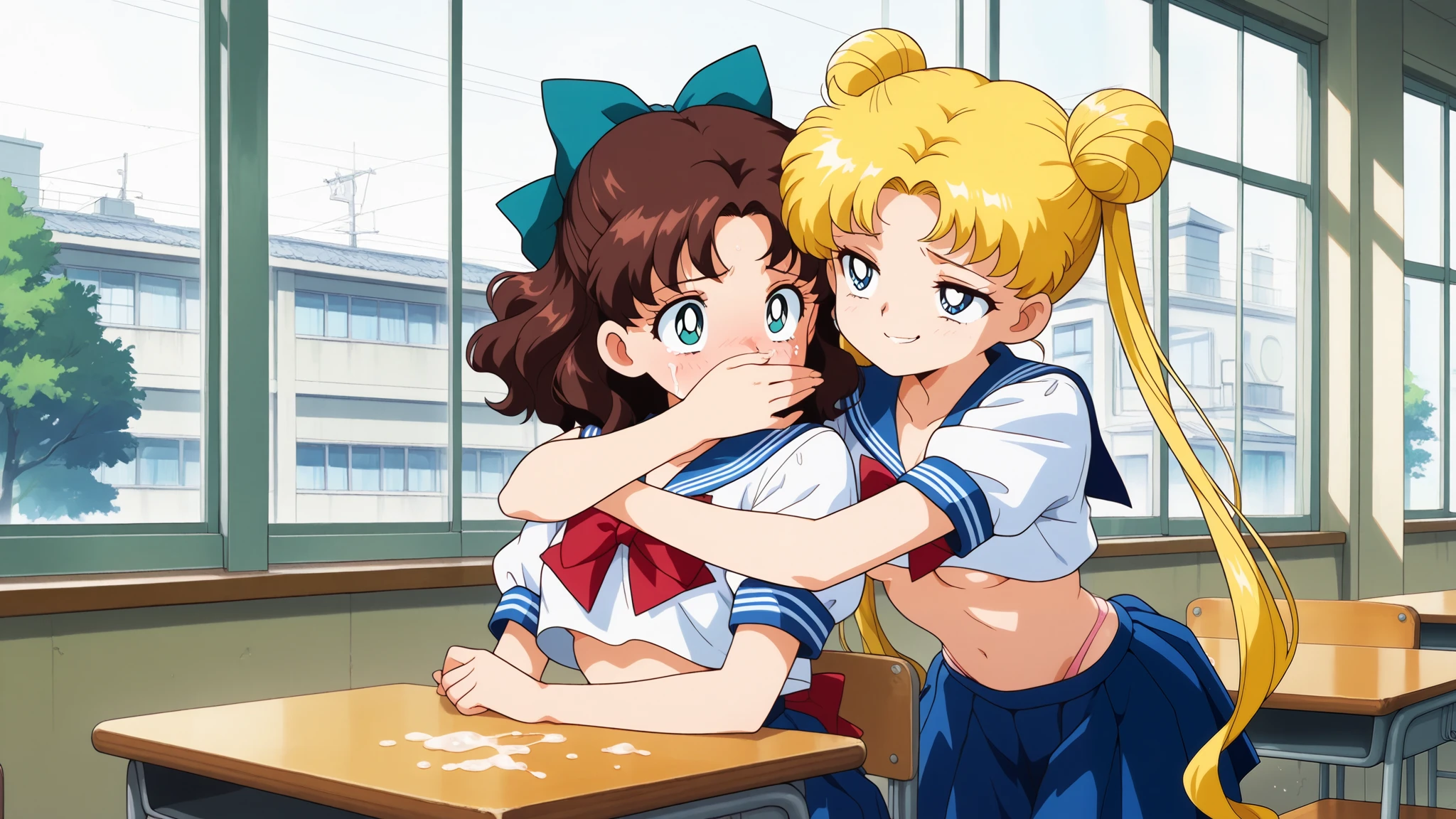 masterpiece,best quality,amazing quality, happy, with friends, brown hair, medium hair, wavy hair, teal hairbow, teal eyes, summer japanese serafuku, small breasts, school room, table, window, chiar, tokyo, detailed background, intricate details, day, anime style, (ultra sharp, beautiful detailed face, dynamic shadows, Super Detailed, extremely detailed face) and friend (aausagi, blonde hair, double bun, long twintails, long hair, bangs, blue eyes, summer japanese serafuku, red bow, blue skirt), hug, anal sex, stealth_sex, cum, crop top, underboob, thong, smug, hands covering her mouth, exhausted, rolling_eyes, covering_mouth
