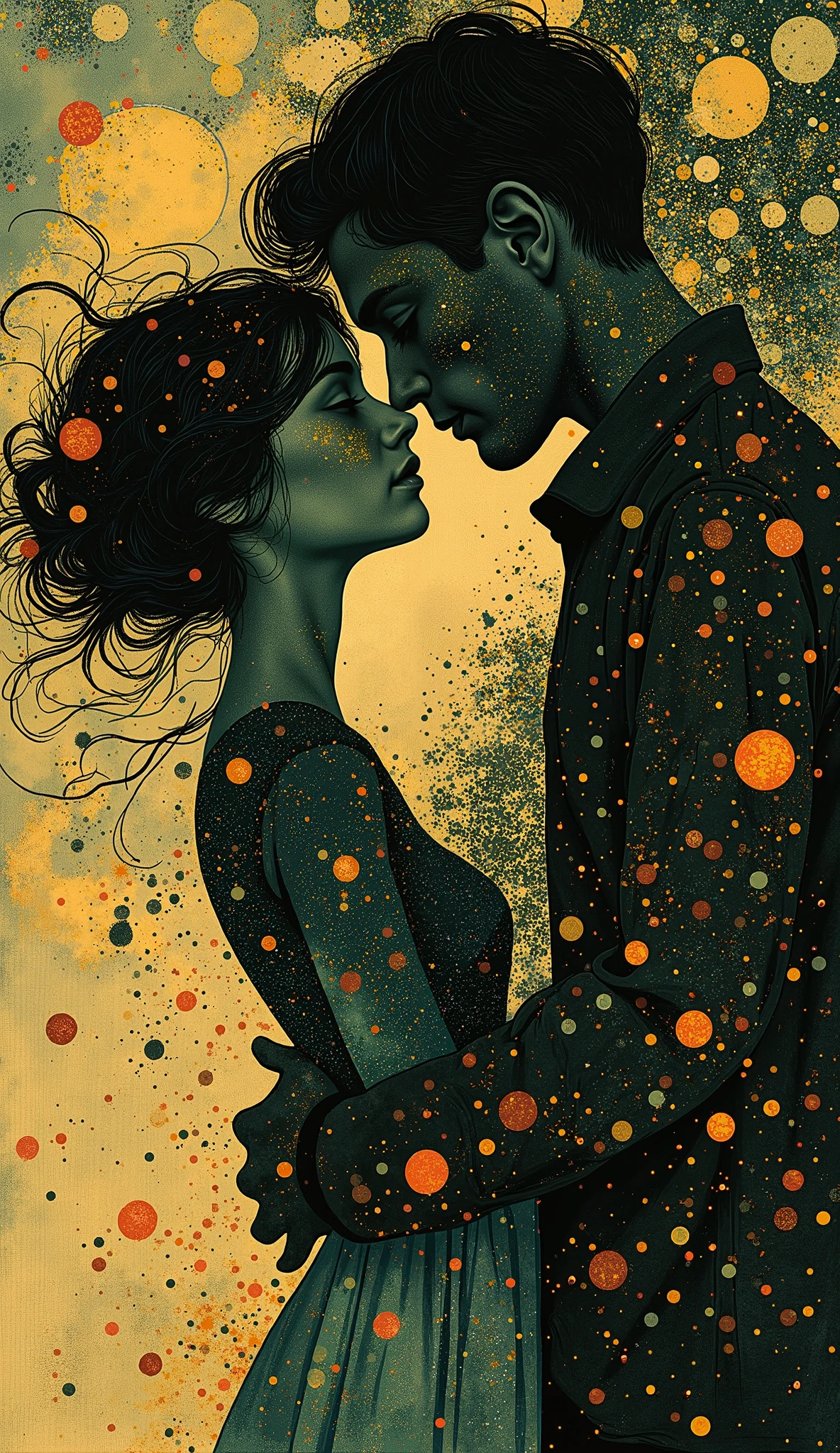 a girl and a boy merged in an embrace through time and space illustration story for ren:1.4 tenderness sweetness , Fujicolor, Optical illusion, silhouette, vignetting, UHD, Retina, masterpiece, Accurate, anatomically correct , textured skin, Super detail, high details, high quality, award winning , best quality, highres, 1080P, HD, 16K