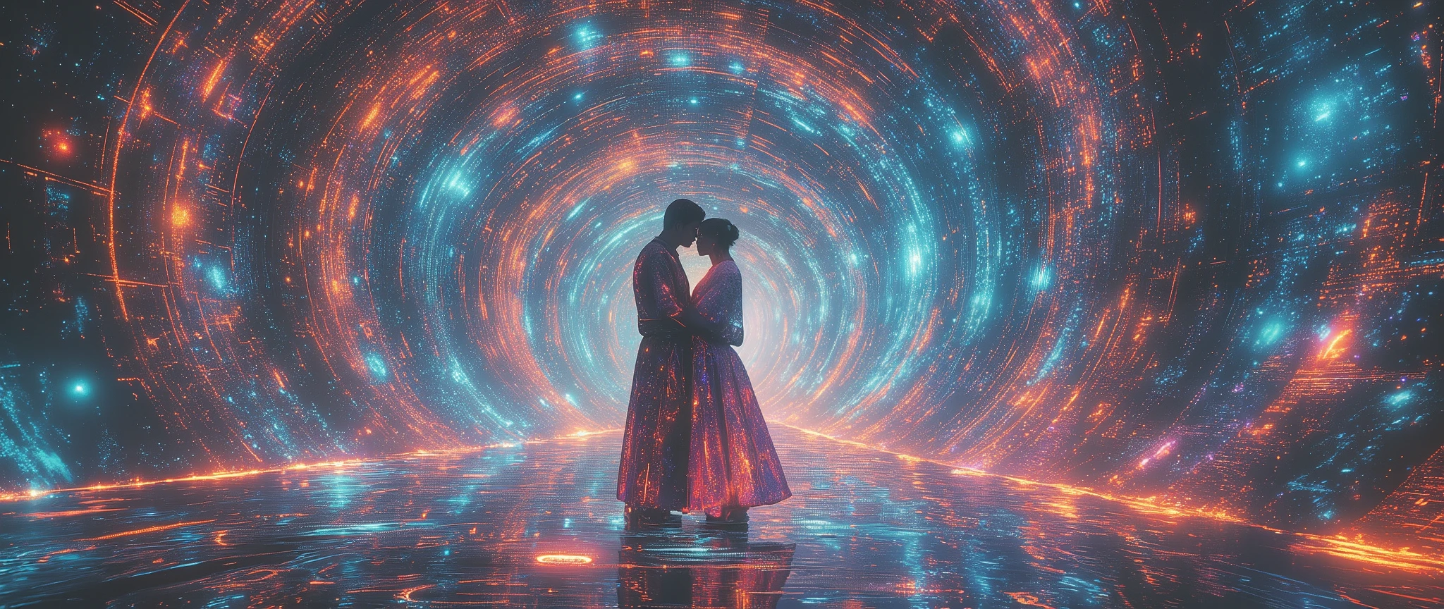 Hyperdimensional lovers embracing in quantum tunnel, (crystalline time vortex with Fibonacci spirals:1.4), glowing Einstein-Rosen bridge casting relativistic shadows, (his cyber-samurai armor x her hanfu with LED embroidery:0.9), tear droplets refracting parallel timelines, bioluminescent hair strands entangling across centuries, holographic ancestral portraits orbiting in tachyon particles, (floating sundial heartbeats synchronizing across eras:1.2), spacetime fabric warping into love letters calligraphy, prismatic Doppler effect halos, Baroque celestial maps fused with circuit boards, Denis Villeneuve x Makoto Shinkai aesthetic, 8k flux rendering 
