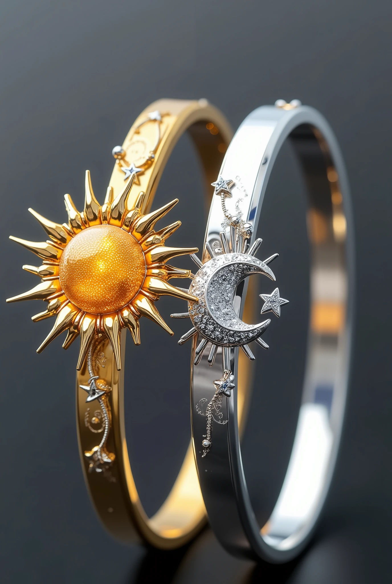 Design a pair of matching couple bracelets, symbolizing the eternal bond between day and night. The first bracelet is crafted in gold, shaped to resemble the radiant sun, with intricate sun rays extending outwards. The metal is polished to perfection, reflecting light in a way that gives it a glowing, fiery presence. Small, delicate diamonds or crystals are embedded along the sun's rays, catching the light and adding a touch of sparkle, representing the brilliance of daylight.
The second bracelet is made from a smooth, polished silver that elegantly represents the serene moon. Its design is soft and rounded, with subtle crescent shapes nestled within the band, echoing the moon’s form. Tiny star-like embellishments in silver and small sapphires are scattered across the surface, capturing the essence of the night sky. The moon bracelet should have a calm, reflective appearance, with its smooth silver surface designed to evoke a sense of tranquility.
Both bracelets are connected by a delicate thread of gold and silver, intertwining to form a seamless, harmonious flow. The sun bracelet’s golden hue contrasts beautifully with the moon bracelet’s cool silver tone, while the sparkling stars and diamonds symbolize the eternal companionship between the two. The design is elegant yet bold, showcasing a perfect balance between the warmth of day and the coolness of night, making them the ideal pair for a couple united in both light and darkness.