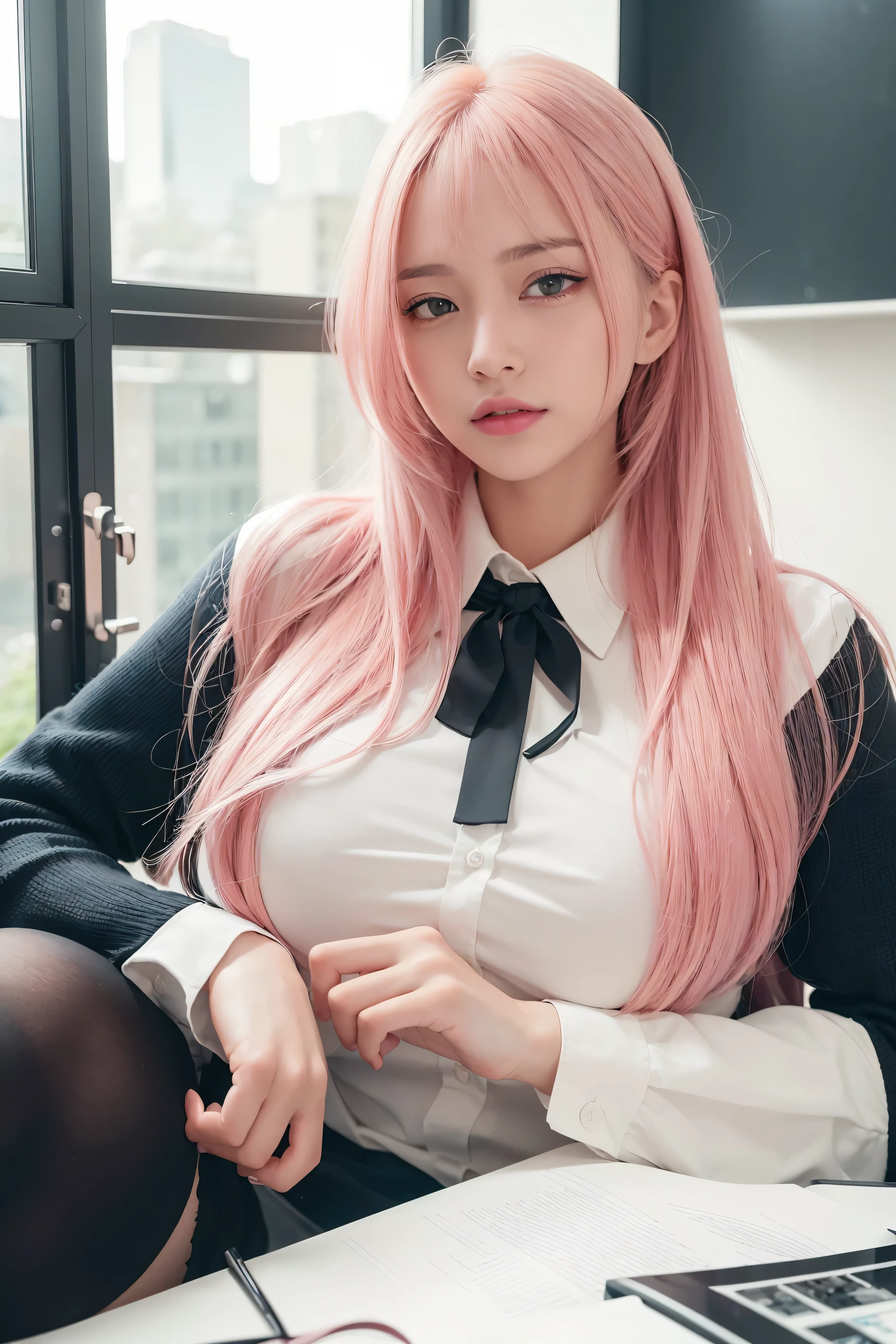 tmasterpiece,anatomically correct, Best quality, As estrelas, looking over city, intense shading, actual, a true, unbelievable_Huang Li, Wallpapers, Colorful, girl, Long gray hair, with pink hair, curlies, view the viewer, smilingly, Excited, ribbed sweater, hoody , Minkitz, White panty hose, the bow, the hair_the bow, Pink collar , Wear gloves on elbows , half gloves , ear nipple ring, ,