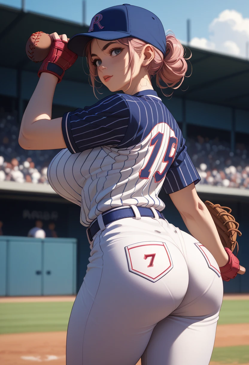 Plump、Super big breasts、super big butt、camel toe、huge tit、nipple puff、cleavage、Baseball Beauty、stadium、audience、cheers、bat、pitching、Bat、Buster Home Run、The moment of impact