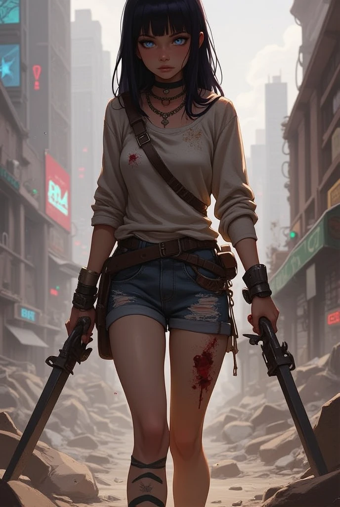 A 8-year-old slave girl, white, thin, injured, with several scars, with torn and dirty clothes, with light brown hair and blue eyes, walking on the deserted street at dusk.