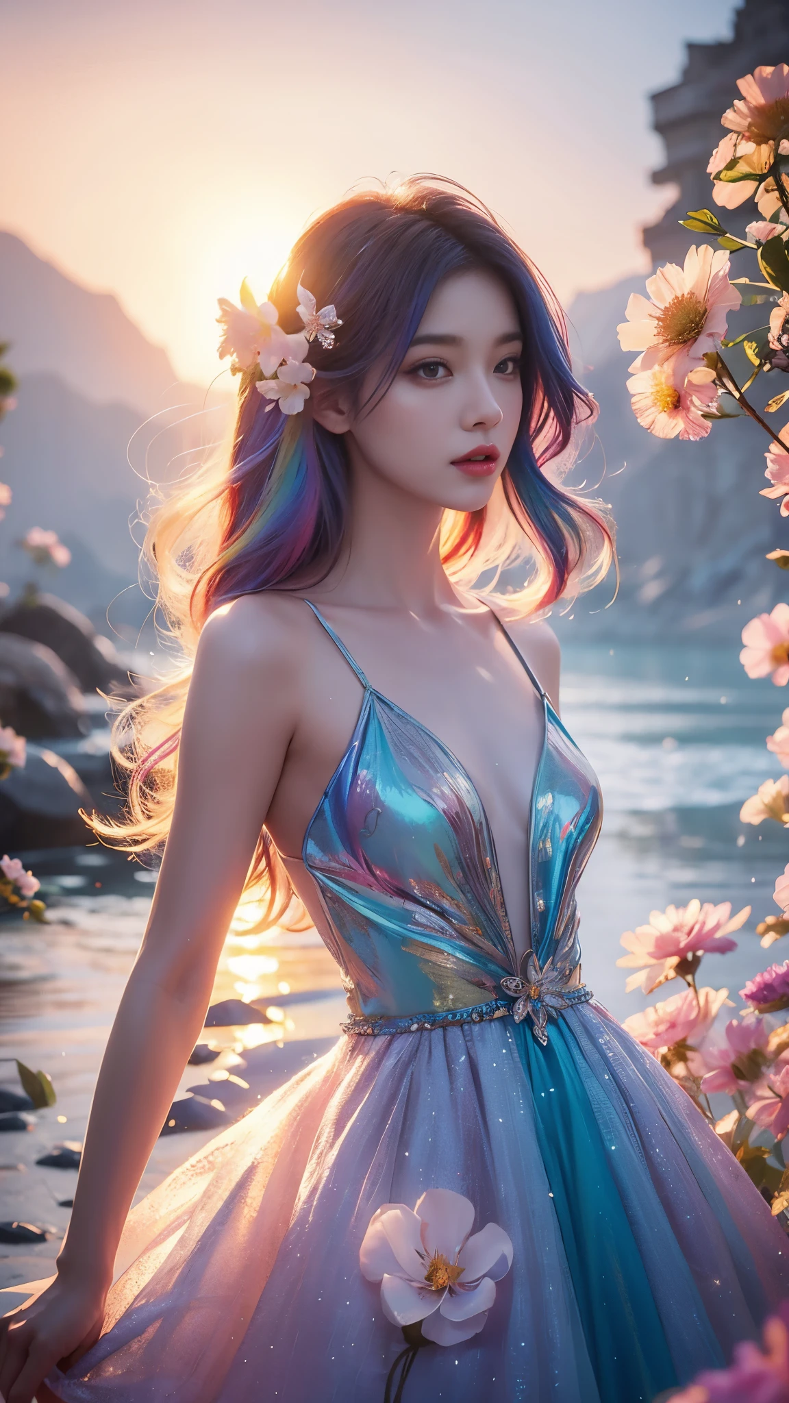 (masterpiece, highest quality, highest quality,watercolor (Moderate),Official Art, beautifully、aesthetic:1.2),(One girl:1.3), (Fractal Art:1.3), View your viewers,pattern,(Rainbow Hair,colorful hair,Half Blue、Half purple hair:1.2),water,liquid, cloud,colorful, Starry sky,performer,from the front,Smile,See-through costume,Upper body and thighs