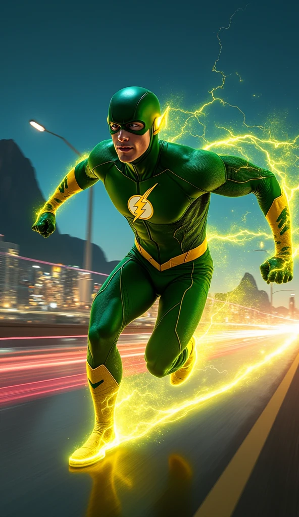 yellow lightning, wearing yellow hero suit, bright flash, Estilo Alex Ross.