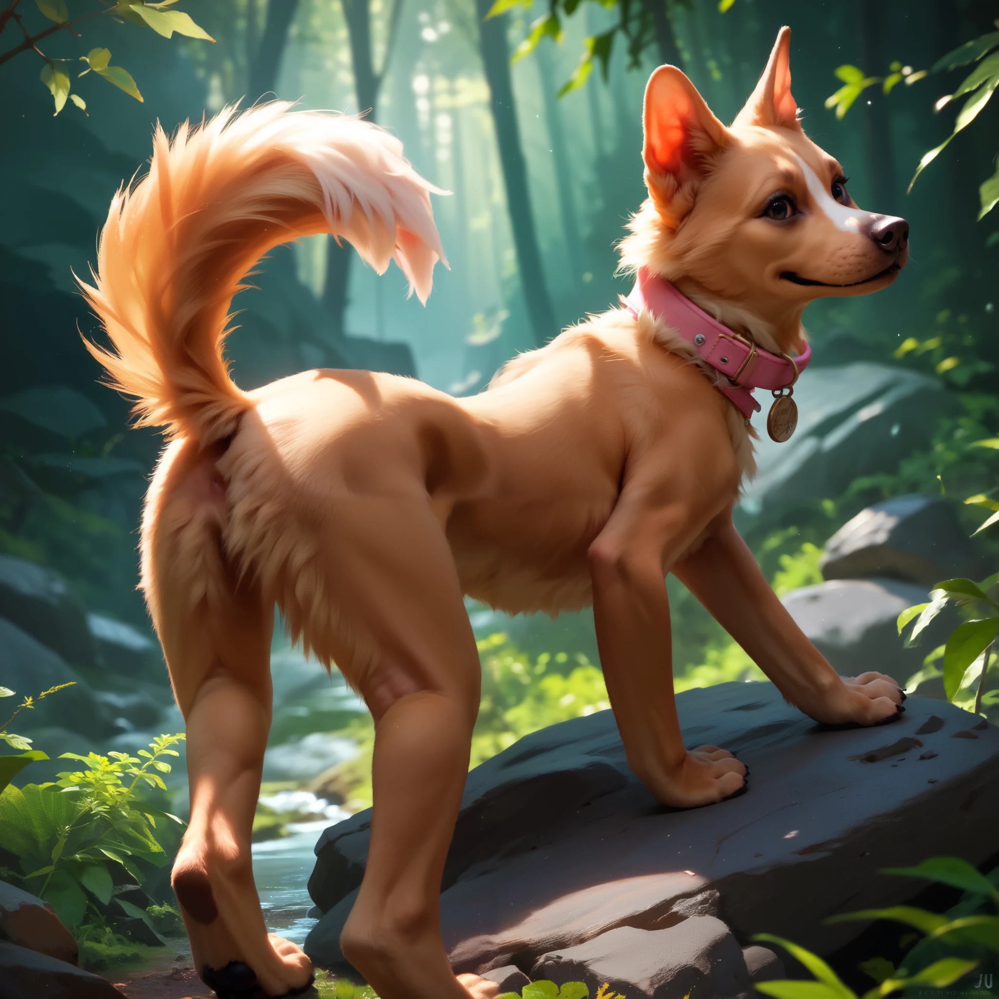 score_9, score_8_up, score_7_up, realistic, vivid colors, cute, basenji_dog, pink collar, cast, presenting butt, rocky and lush forest,