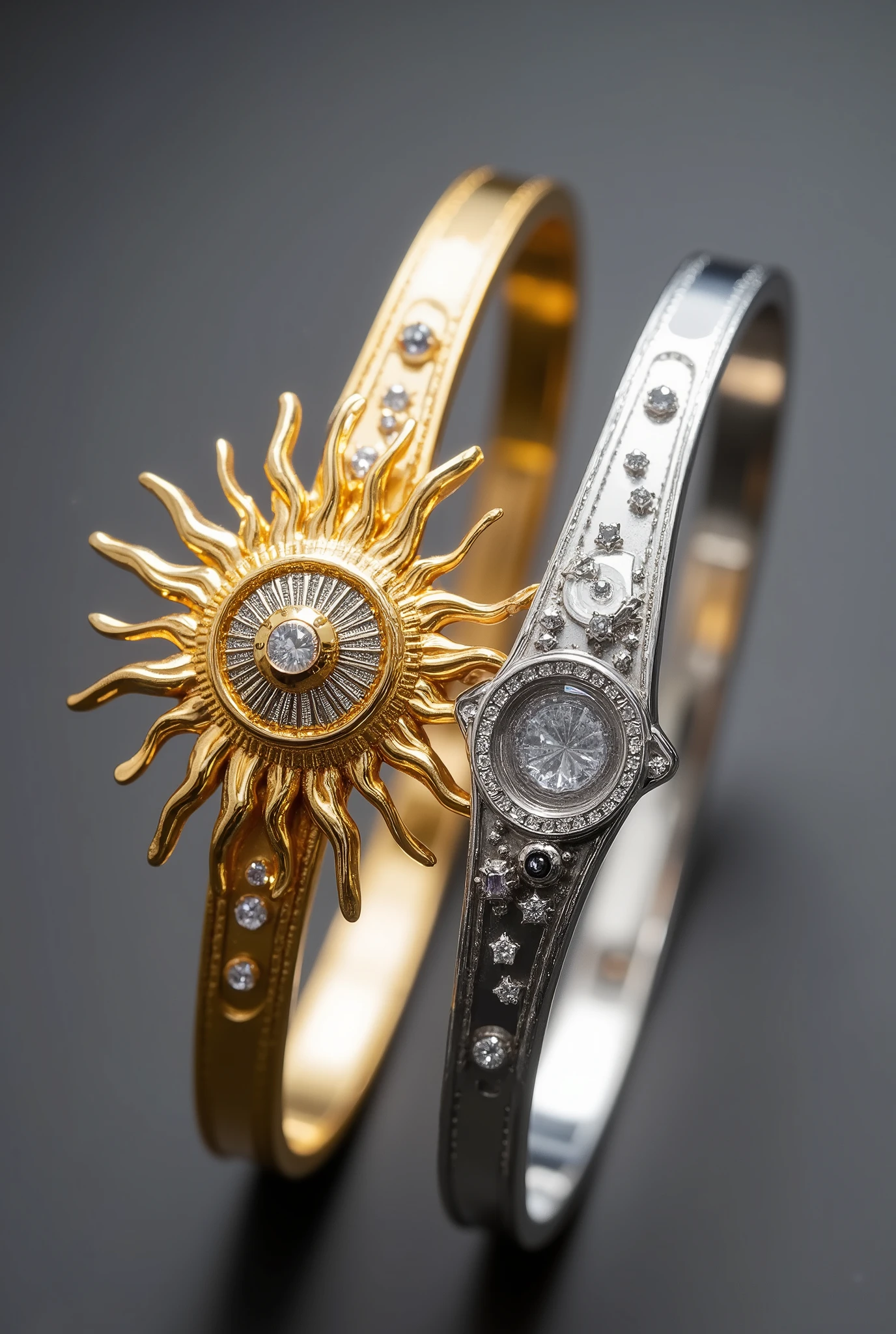 Design a pair of matching couple bracelets, symbolizing the eternal bond between day and night. The first bracelet is crafted in gold, shaped to resemble the radiant sun, with intricate sun rays extending outwards. The metal is polished to perfection, reflecting light in a way that gives it a glowing, fiery presence. Small, delicate diamonds or crystals are embedded along the sun's rays, catching the light and adding a touch of sparkle, representing the brilliance of daylight.
The second bracelet is made from a smooth, polished silver that elegantly represents the serene moon. Its design is soft and rounded, with subtle crescent shapes nestled within the band, echoing the moon’s form. Tiny star-like embellishments in silver and small sapphires are scattered across the surface, capturing the essence of the night sky. The moon bracelet should have a calm, reflective appearance, with its smooth silver surface designed to evoke a sense of tranquility.
Both bracelets are connected by a delicate thread of gold and silver, intertwining to form a seamless, harmonious flow. The sun bracelet’s golden hue contrasts beautifully with the moon bracelet’s cool silver tone, while the sparkling stars and diamonds symbolize the eternal companionship between the two. The design is elegant yet bold, showcasing a perfect balance between the warmth of day and the coolness of night, making them the ideal pair for a couple united in both light and darkness.