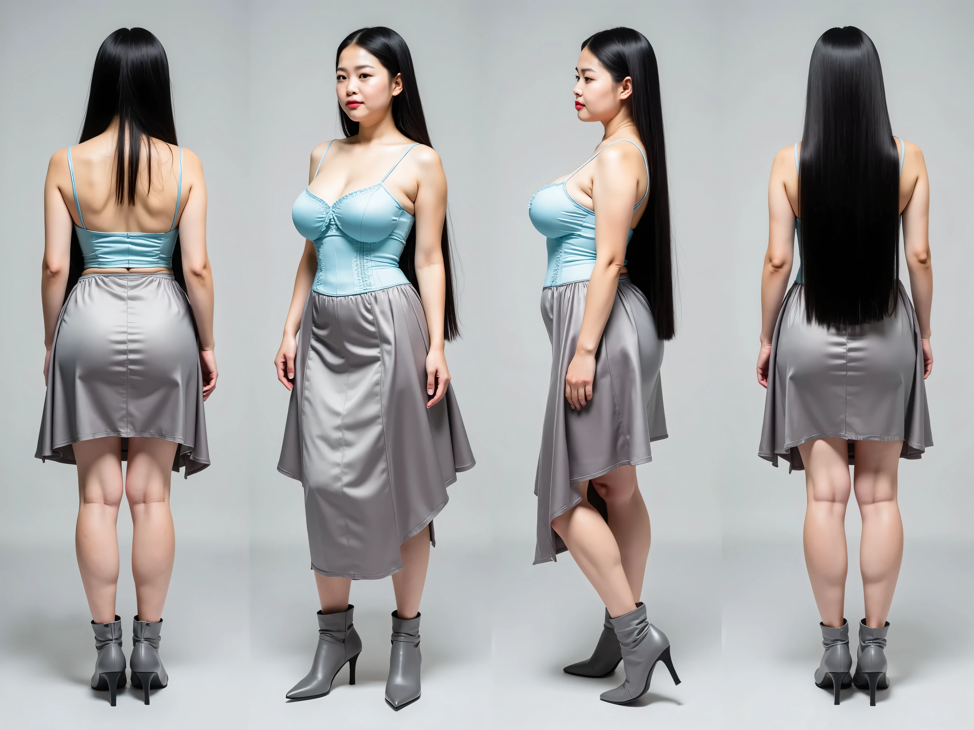 A Korean woman wears a white shirt, short spandex skirt and thin black stockings and high heels