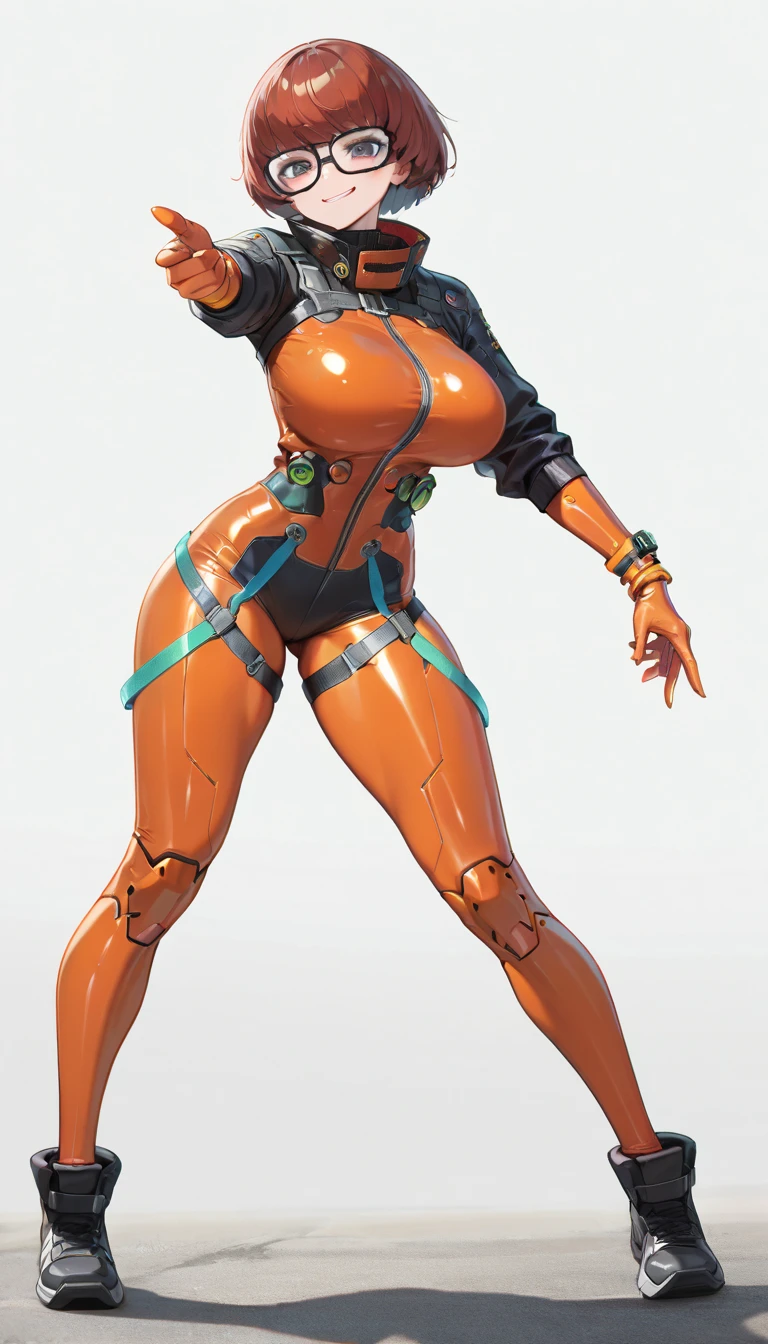Shoot the subject in a large size, Dark blank background, (1girl:1.5), (A plain orange full wetsuit made of latex material:1.5), (Cowboy Shot:1.3), (flat chest, Waistline:1.3), (Thick thighs:1.3), (Stand up with your legs spread, Show off your armpits:1.3), (Brown Hair, Short low twin tail), laughing