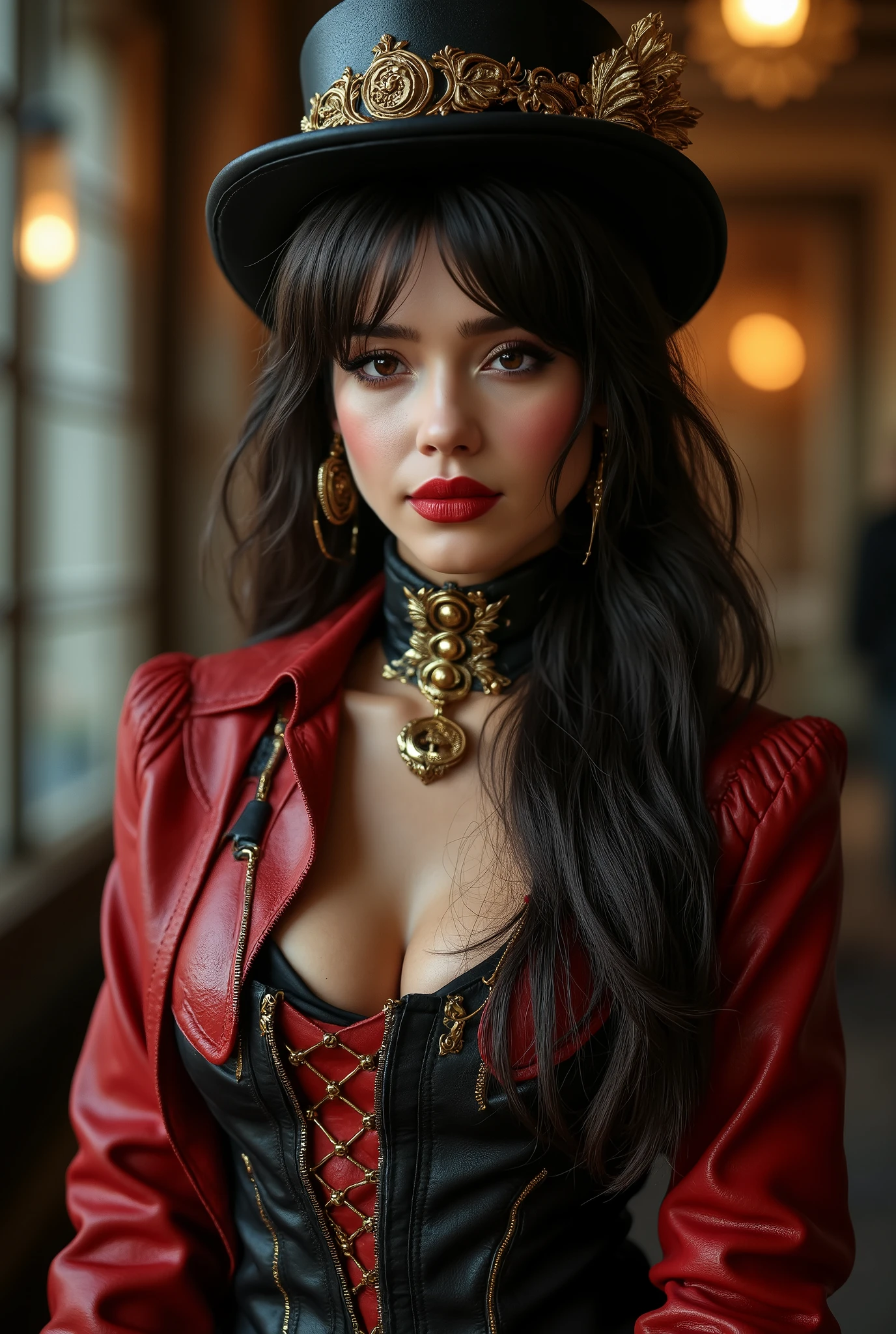 best quality,4k,8k,highres,masterpiece:1.2),ultra-detailed,(Ultra-realistic, photorealistic,photo-realistic:1.37), best quality, highres, 4k, 8k, amazing quality, Photo full portrait of photo real. black and red leather steampunk woman. steampunk background. “full body portrait” digital SLR camera, light tracing, 3d, concept art, action painting, cinematic lighting, chiaroscuro, (1.3)
