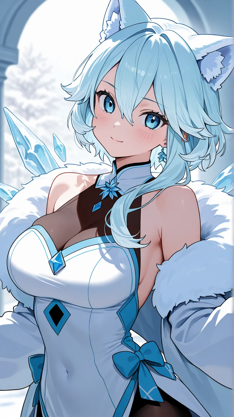 Ice bird, large breasts (G size), ice , ice wings, light blue hair, dark blue eyes, ice high boots, ice flowers on hair, ice choker, blue snow coat, ice crystal bikini