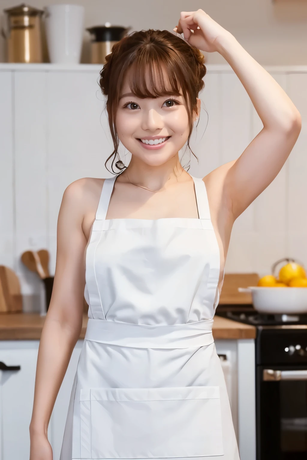 realistic, 1 girl, shining eyes, smile、brown hair、Ultra high definition、kitchen、wearing an apron over naked body、body turned to the side、The face is looking here