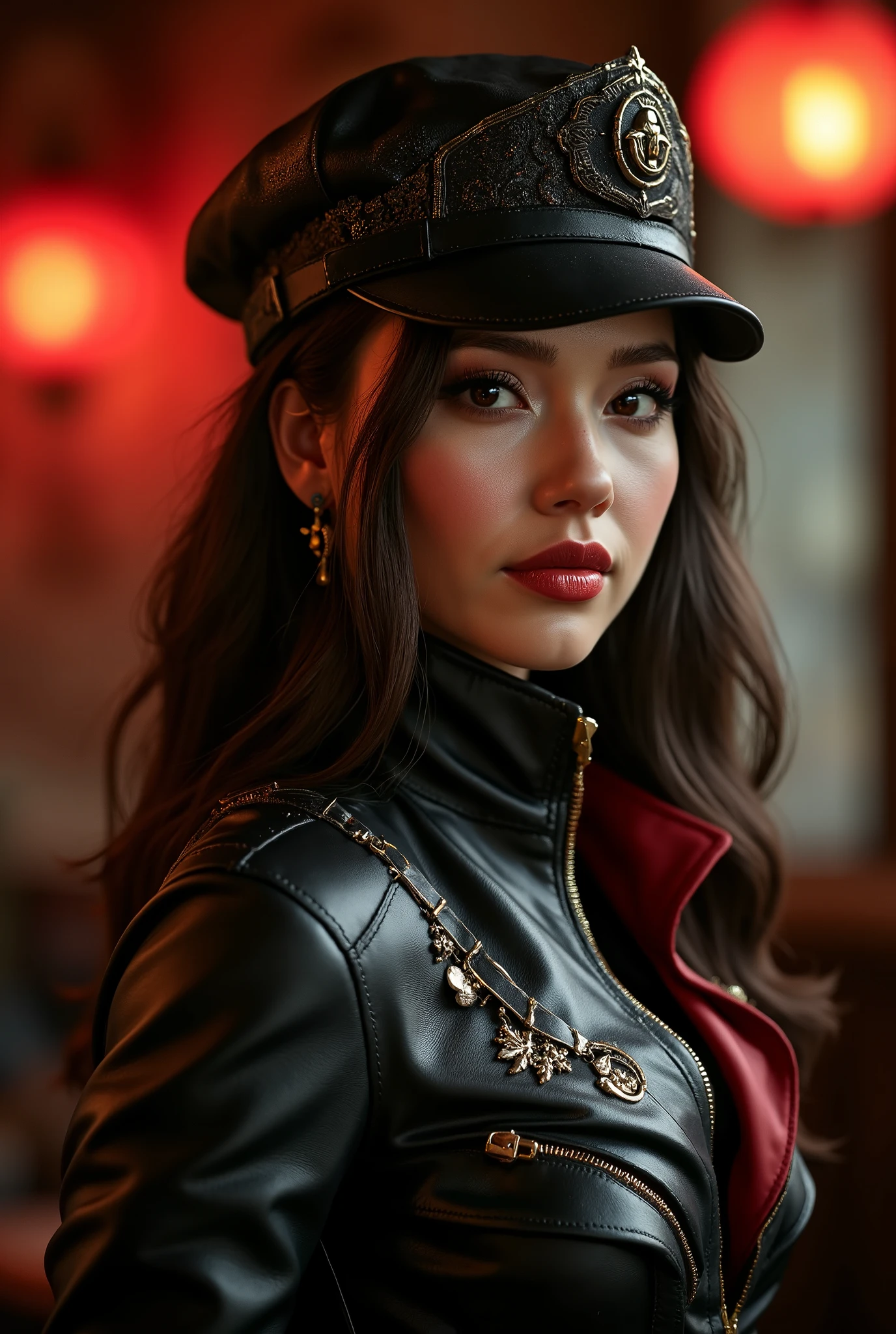 best quality,4k,8k,highres,masterpiece:1.2),ultra-detailed,(Ultra-realistic, photorealistic,photo-realistic:1.37), best quality, highres, 4k, 8k, amazing quality, Photo full portrait of photo real. black and red leather steampunk woman. steampunk background. “full body portrait” digital SLR camera, light tracing, 3d, concept art, action painting, cinematic lighting, chiaroscuro, (1.3)
