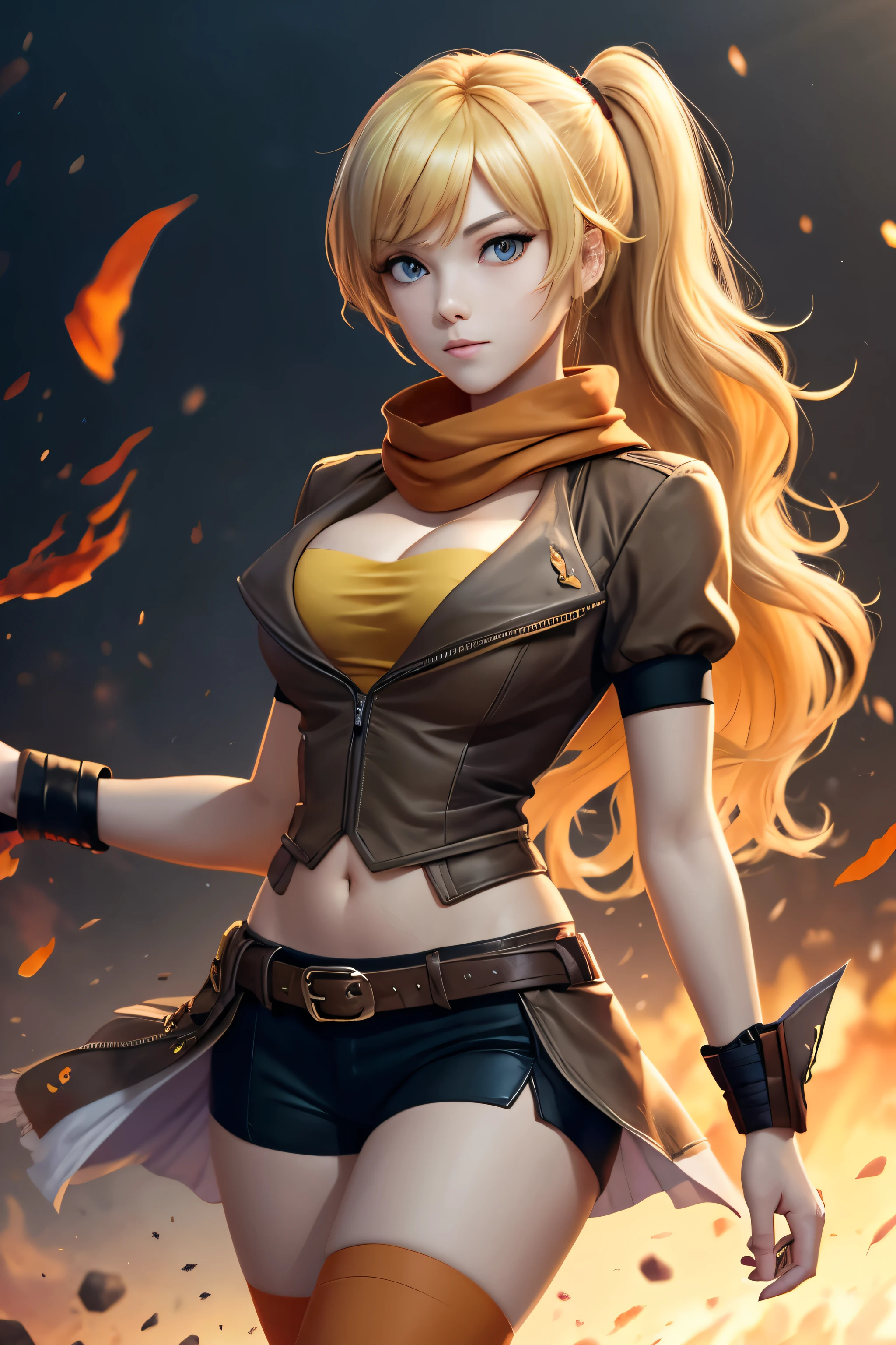 purple eyes, blonde hair, long hair, wavy hair, very long hair, hair between eyes, breasts, bangs, large breasts, medium breasts
thighhighs, navel, cleavage, jacket, ahoge, short sleeves, shorts, midriff, puffy sleeves, belt, stomach, scarf, puffy short sleeves, short shorts, black shorts, bike shorts, buckle, asymmetrical legwear, brown jacket, belt buckle, brown belt, waist cape, orange scarf, orange thighhighs, Yang from RWBY