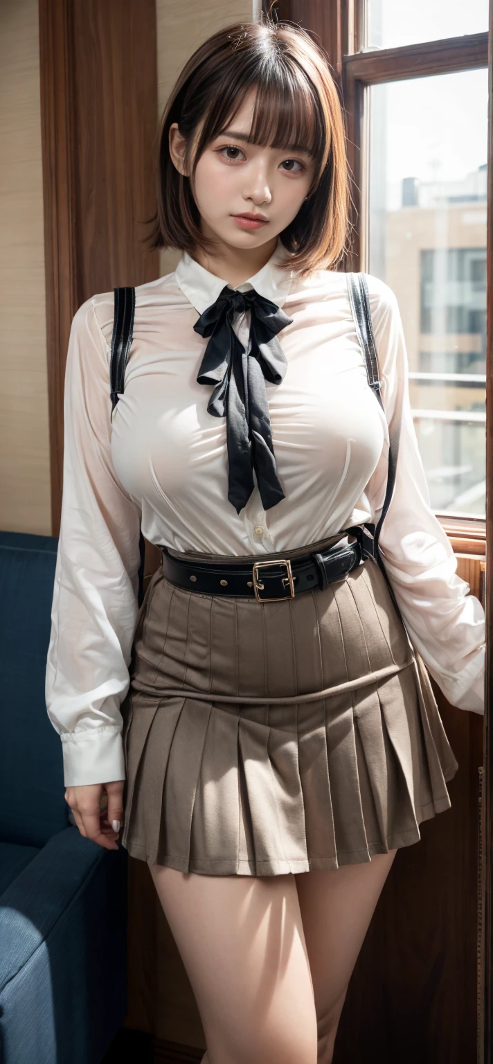 Masterpiece, highest quality, high resolution, extreme detail, 1 woman, 18 year old female with dark skin bent over a table, chest on table, dark skin, large breasts, dark lips, eye liner, blushing cheeks, long black hair in 2 very large pony tails, khaki gingham skirt, lace panties, white thigh high stockings, (suspenders:1.5), glasses, seductive look, looking at camera, 3/4 long shot, cowboy shot, greenhouse, flowers, next to large windows, stained glass windows,