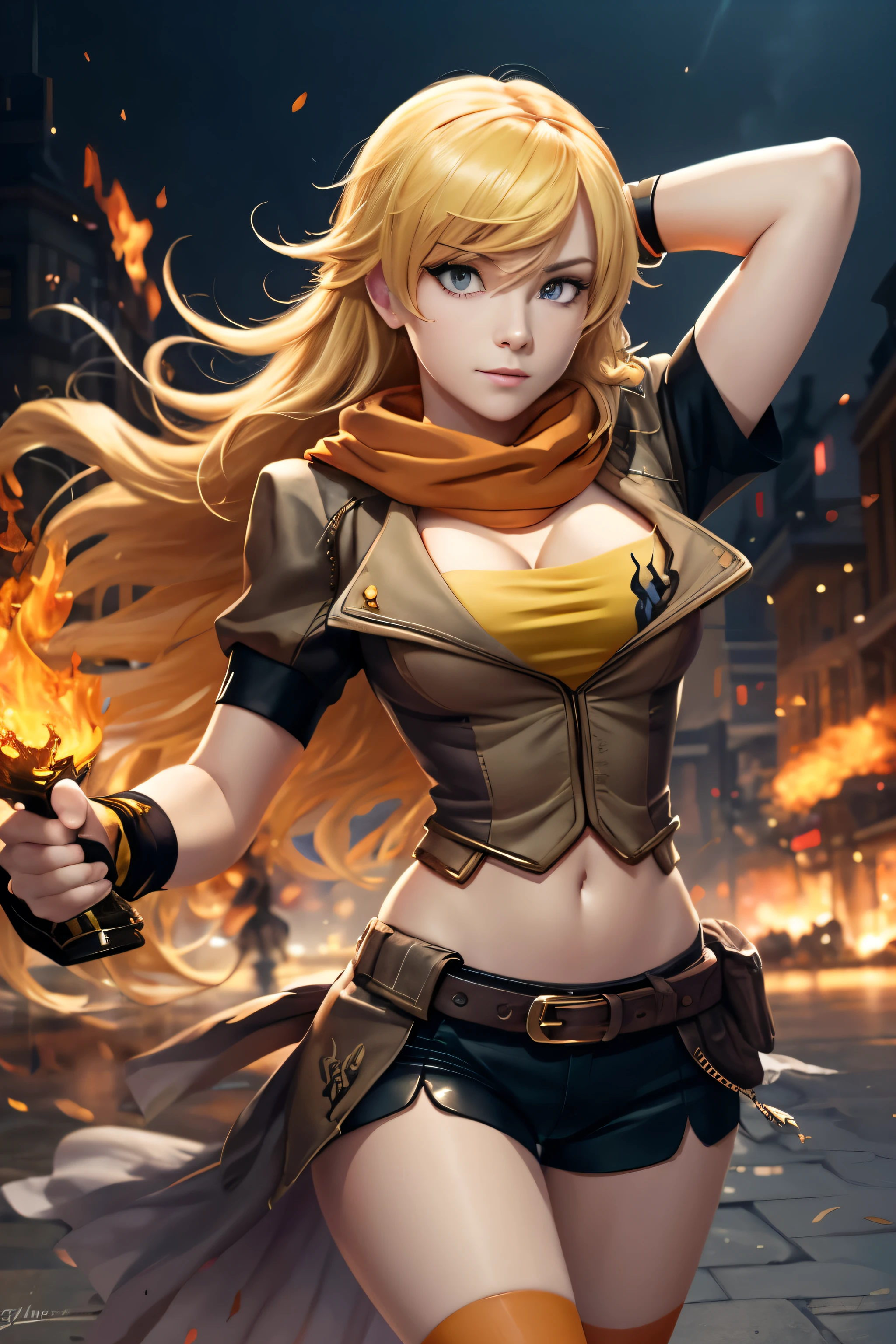 purple eyes, blonde hair, long hair, wavy hair, very long hair, hair between eyes, breasts, bangs, large breasts, medium breasts
thighhighs, navel, cleavage, jacket, ahoge, short sleeves, shorts, midriff, puffy sleeves, belt, stomach, scarf, puffy short sleeves, short shorts, black shorts, bike shorts, buckle, asymmetrical legwear, brown jacket, belt buckle, brown belt, waist cape, orange scarf, orange thighhighs, Yang from RWBY