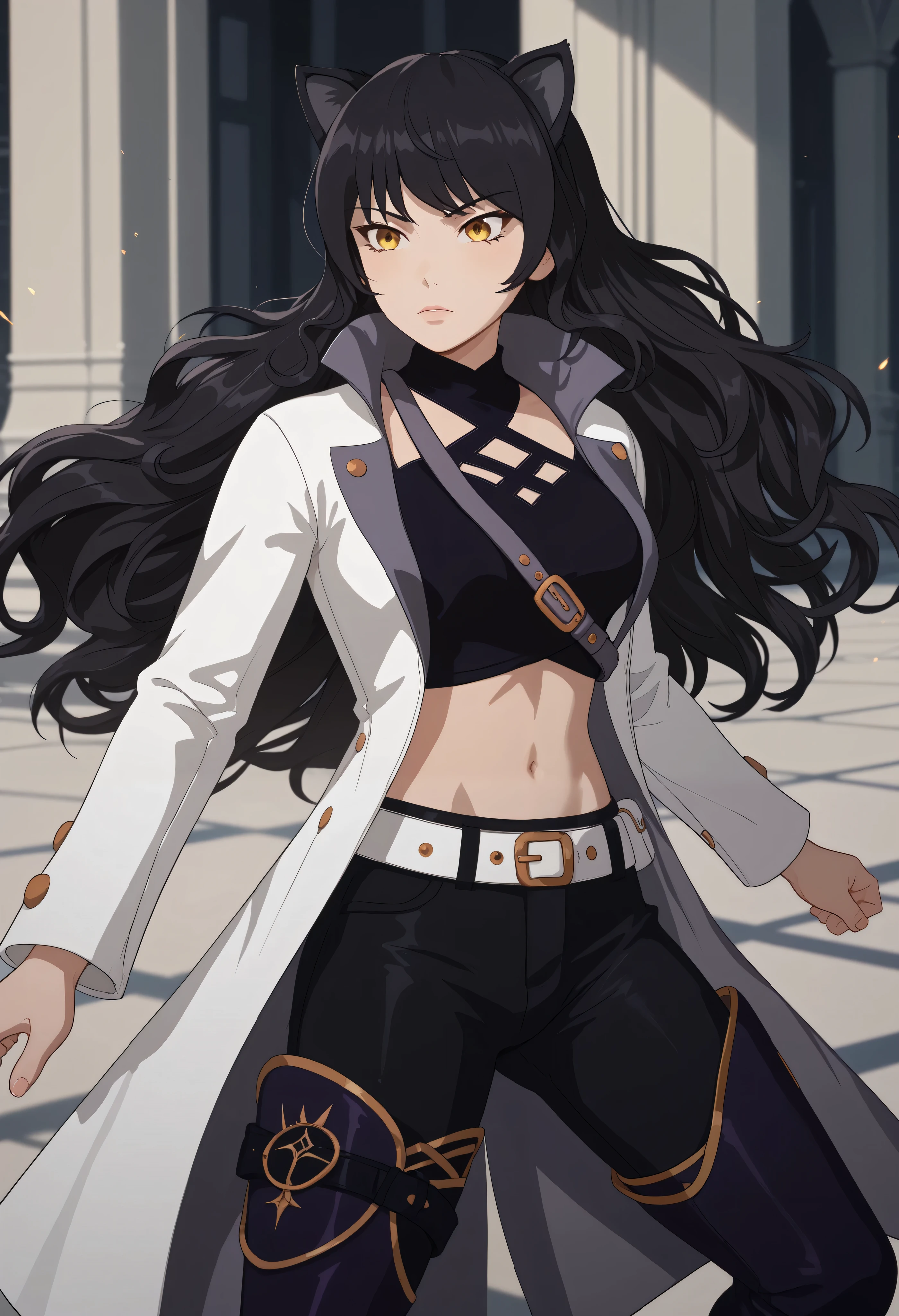 BlakeVol4Huntress, white coat, black undershirt, midriff, black pants, thigh boots, belt, cat ears, navel, midriff, belt, jacket, white jacket, long sleeves, open clothes, halterneck, criss-cross halter, pants, black pants,blake, blake belladonna, long hair, black hair, yellow eyes, bow, hair bow, black bow, long hair, bangs, Action Pose
