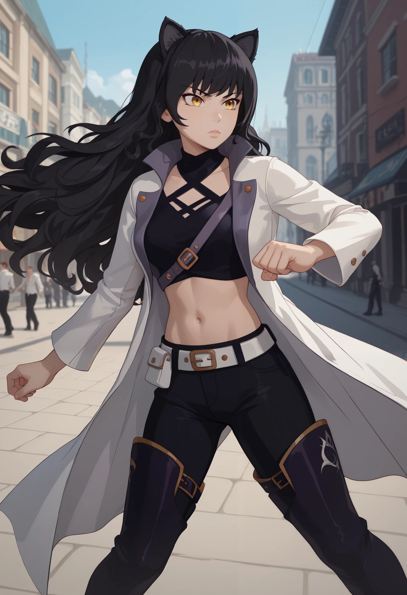BlakeVol4Huntress, white coat, black undershirt, midriff, black pants, thigh boots, belt, cat ears, navel, midriff, belt, jacket, white jacket, long sleeves, open clothes, halterneck, criss-cross halter, pants, black pants,blake, blake belladonna, long hair, black hair, yellow eyes, bow, hair bow, black bow, long hair, bangs, Action Pose