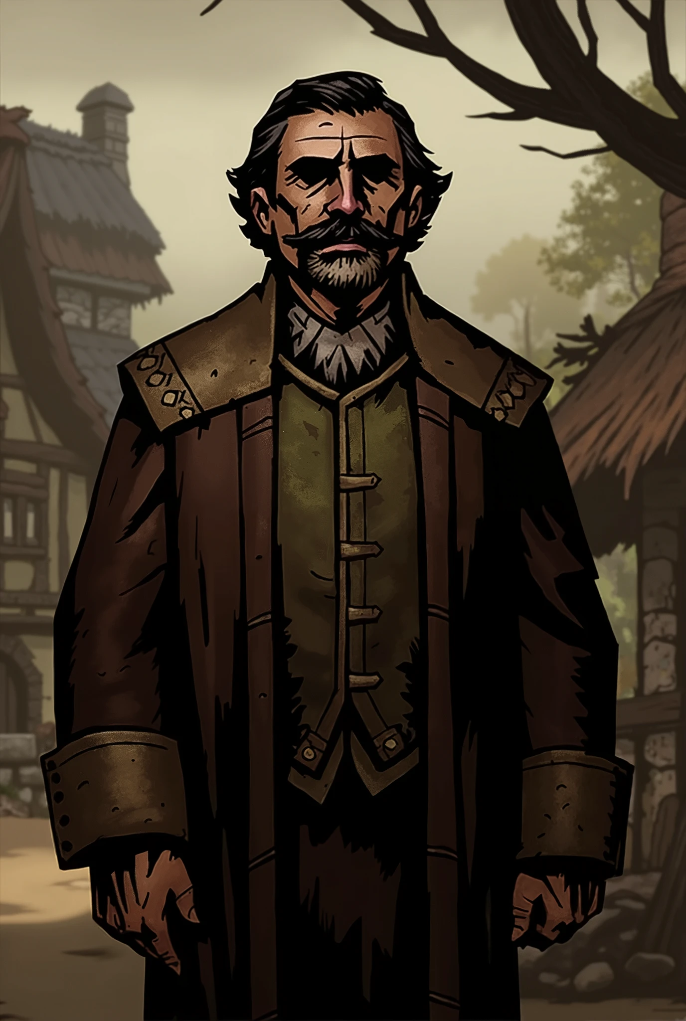 Create a character a village leader with a brown outfit a black mustache and black hair