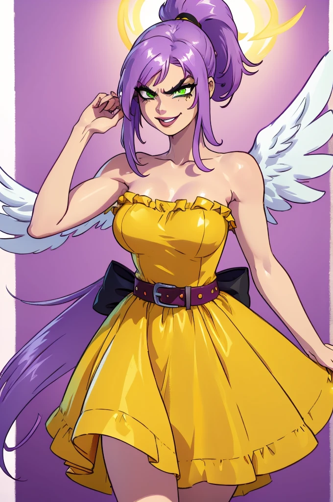 (mejor calidad, Obra maestra), mirando abajo, viento, Particle, parte superior del cuerpo, 1 girl, ((angel wings)), ((pink skin)), red lips, medium hair, ponytail, (((two colors hair))), ((lilac and purple hair)), ((heterochromia: green left eye, blue right eye)), medium breast, (((yellow clothes))), (torn clothes), (pink gloves), ((yellow strapless dress)), stockings, frowning, ((insane face angry)), (scars on body), wet hair, messy hair, (smiling), belt, side bangs