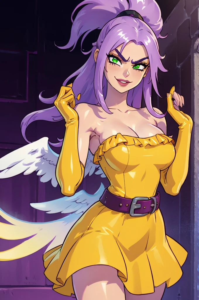 blond hair, sexy hair, muscle girl huge breast, revealing cloths, darkskinned-female, makeup, red lips, bimbo, angel, cupidon, long dress, walking, angel wings, pants, , flip flops, smile, medieval village