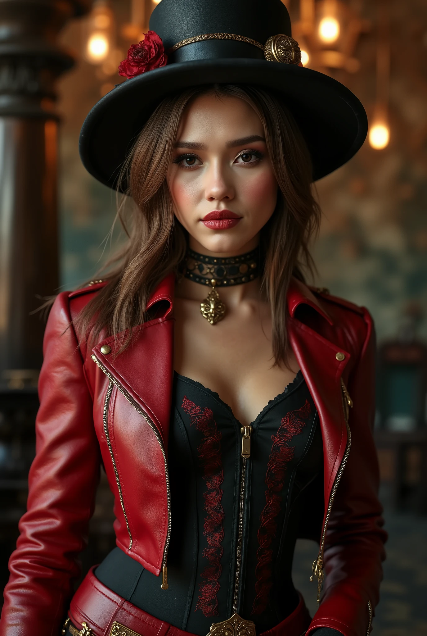 best quality,4k,8k,highres,masterpiece:1.2),ultra-detailed,(Ultra-realistic, photorealistic,photo-realistic:1.37), best quality, highres, 4k, 8k, amazing quality, Photo full portrait of photo real. black and red leather steampunk woman. steampunk background. “full body portrait” digital SLR camera, light tracing, 3d, concept art, action painting, cinematic lighting, chiaroscuro, (1.3)