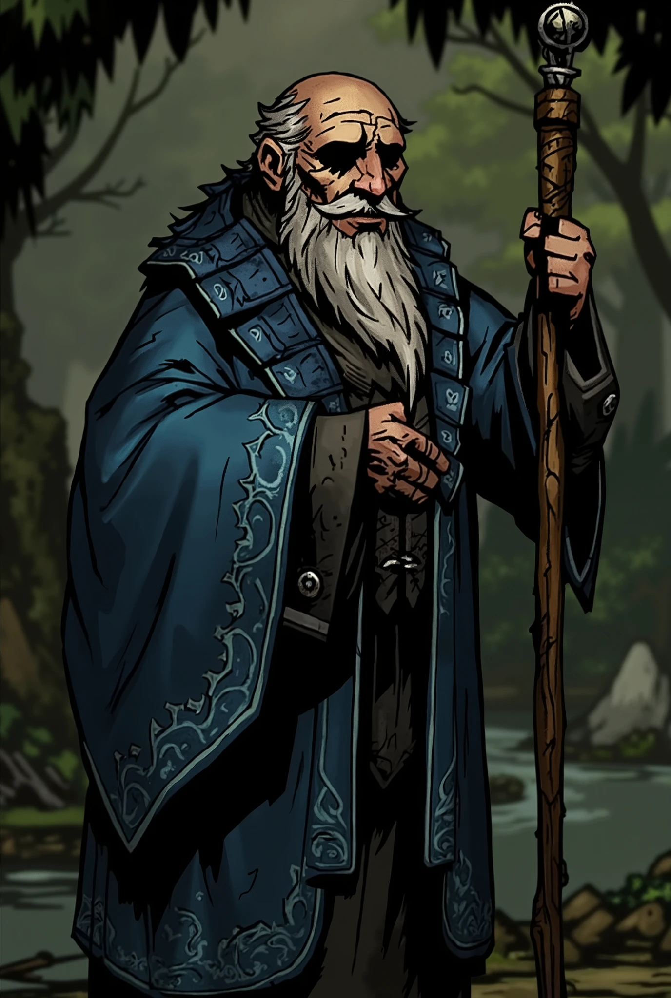Create a character a speaker with a blue robe with white details and a wooden staff in his left hand