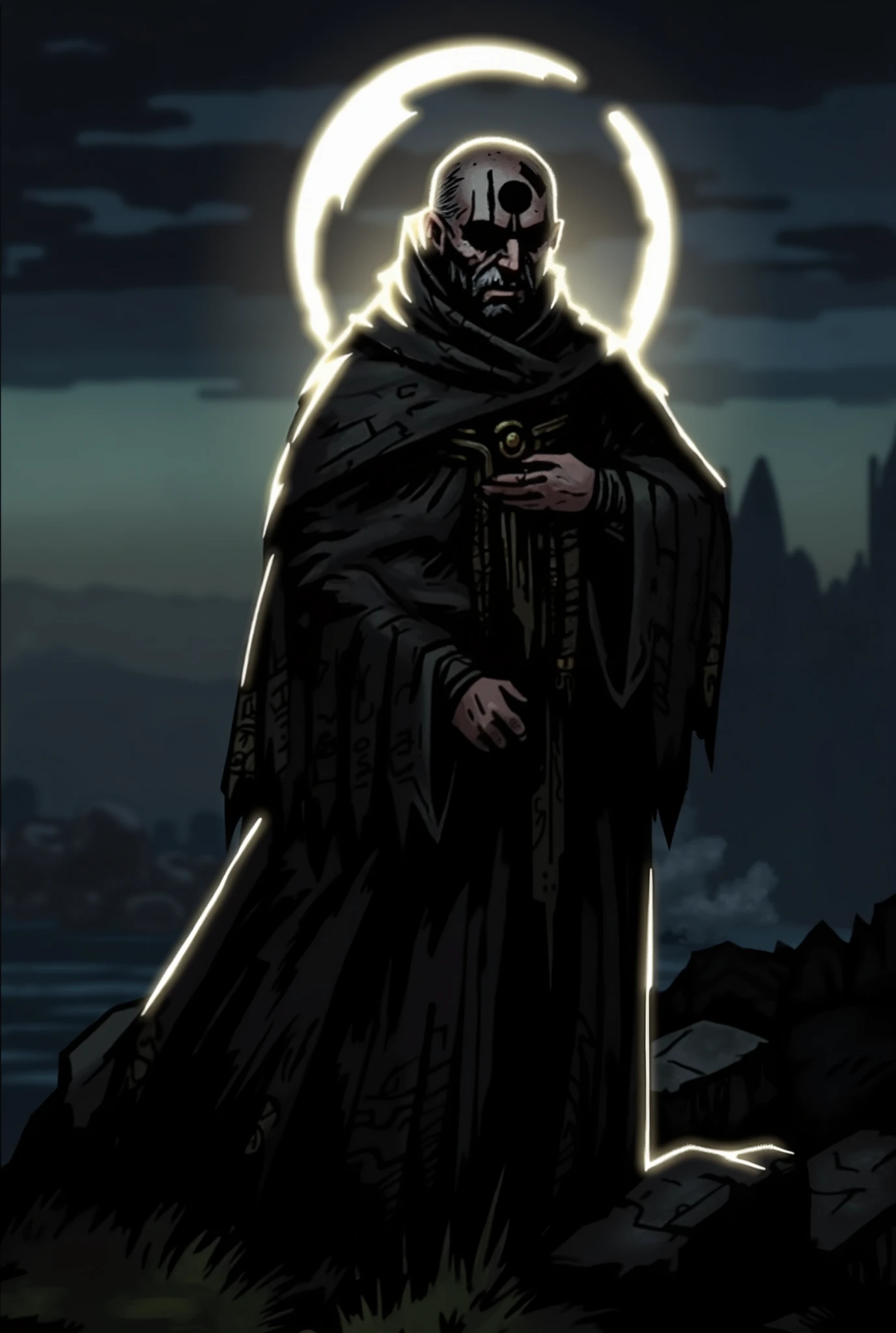 Create a monk with heavy clothes and an eclipse mark on his forehead