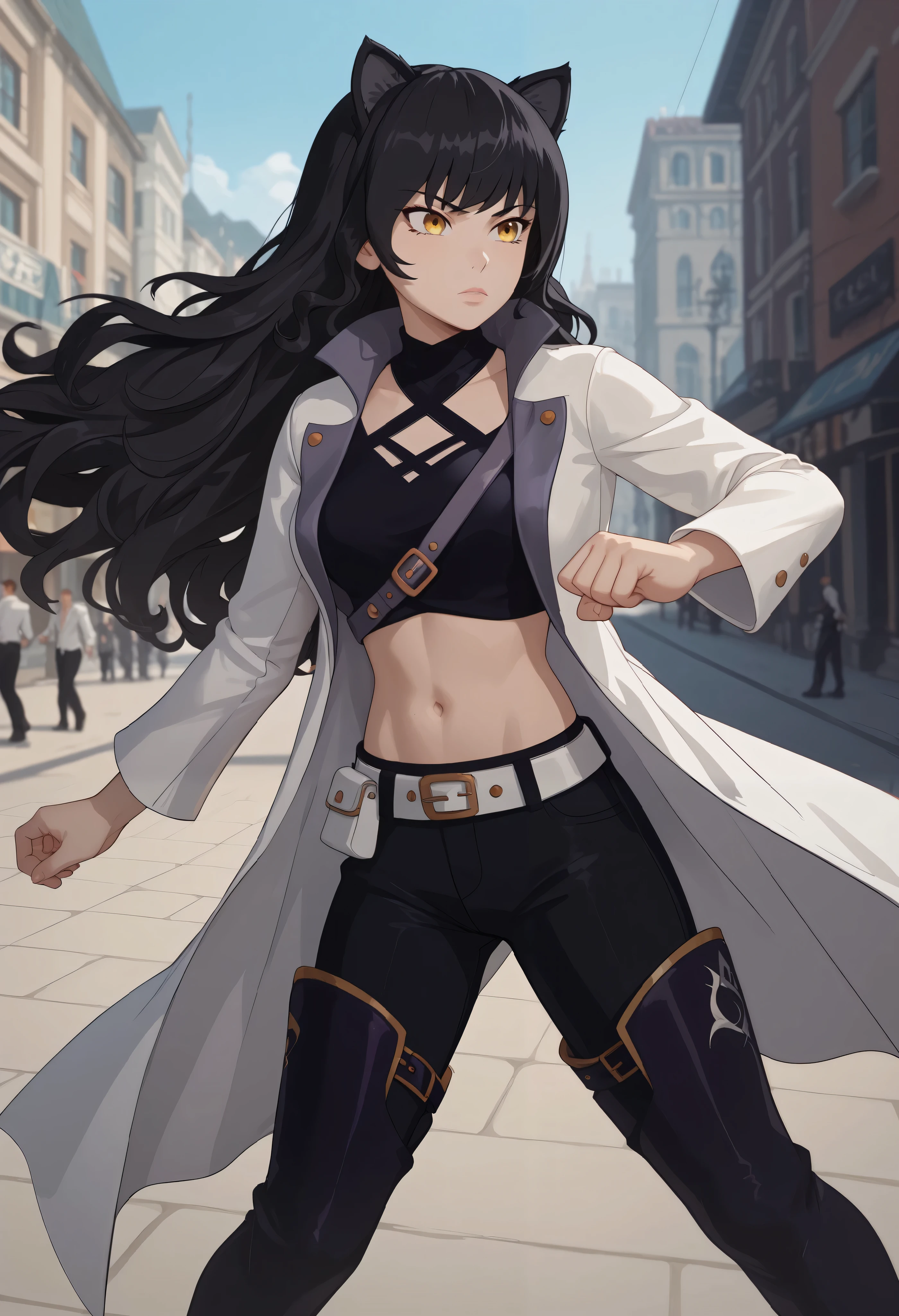 BlakeVol4Huntress, white coat, black undershirt, midriff, black pants, thigh boots, belt, cat ears, navel, midriff, belt, jacket, white jacket, long sleeves, open clothes, halterneck, criss-cross halter, pants, black pants,blake, blake belladonna, long hair, black hair, yellow eyes, bow, hair bow, black bow, long hair, bangs, Action Pose