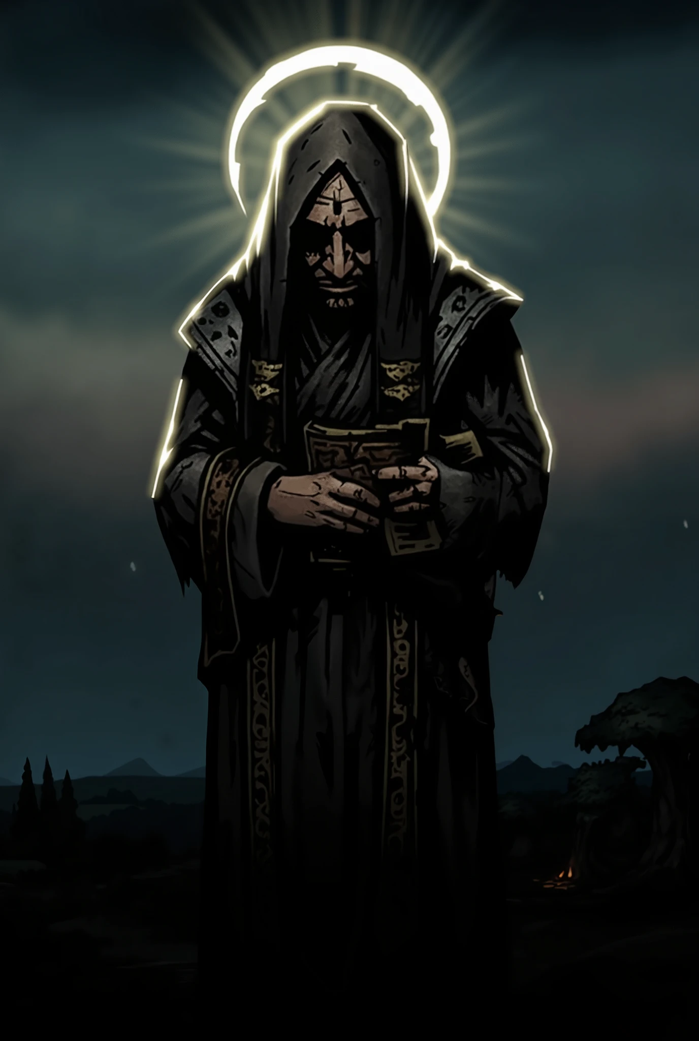 Create a monk with heavy clothes and an eclipse mark on his forehead