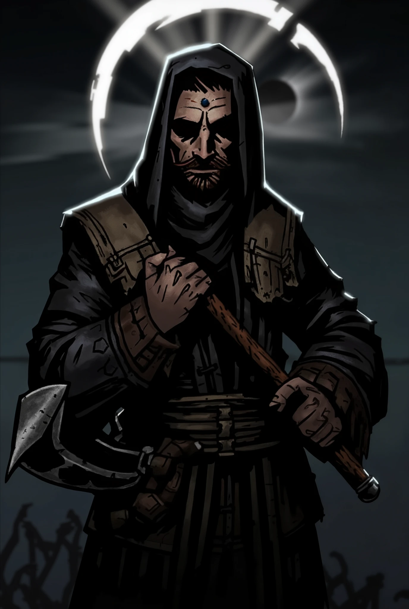 Create a monk wearing heavy clothes and an eclipse mark on his forehead holding an axe