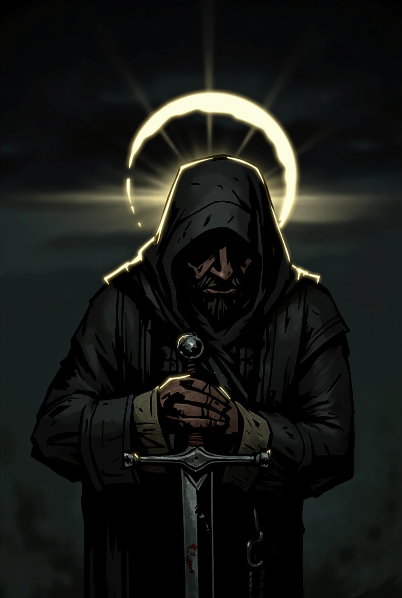 Create a monk wearing heavy clothes and an eclipse mark on his forehead holding a dagger